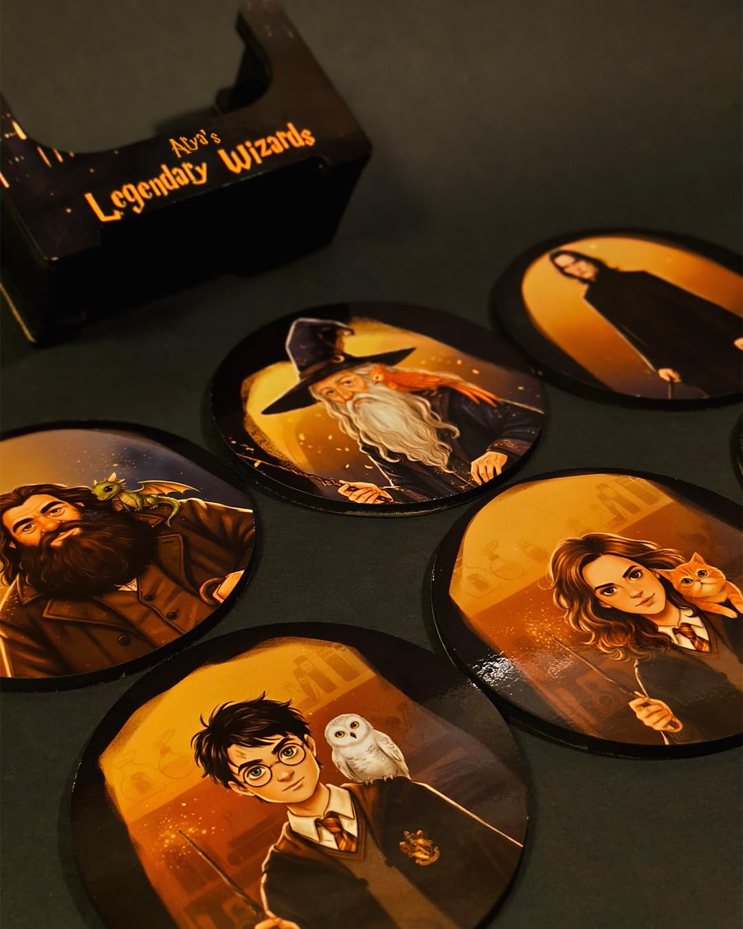 Personalized Wooden Coaster Set (6-Piece) with Holder | MDF Laser-Engraved Fantasy Theme | Custom Name Gift | Scratch-Resistant | Table Decor for Fans | Alpha Nova Creations (Potter)-image-0