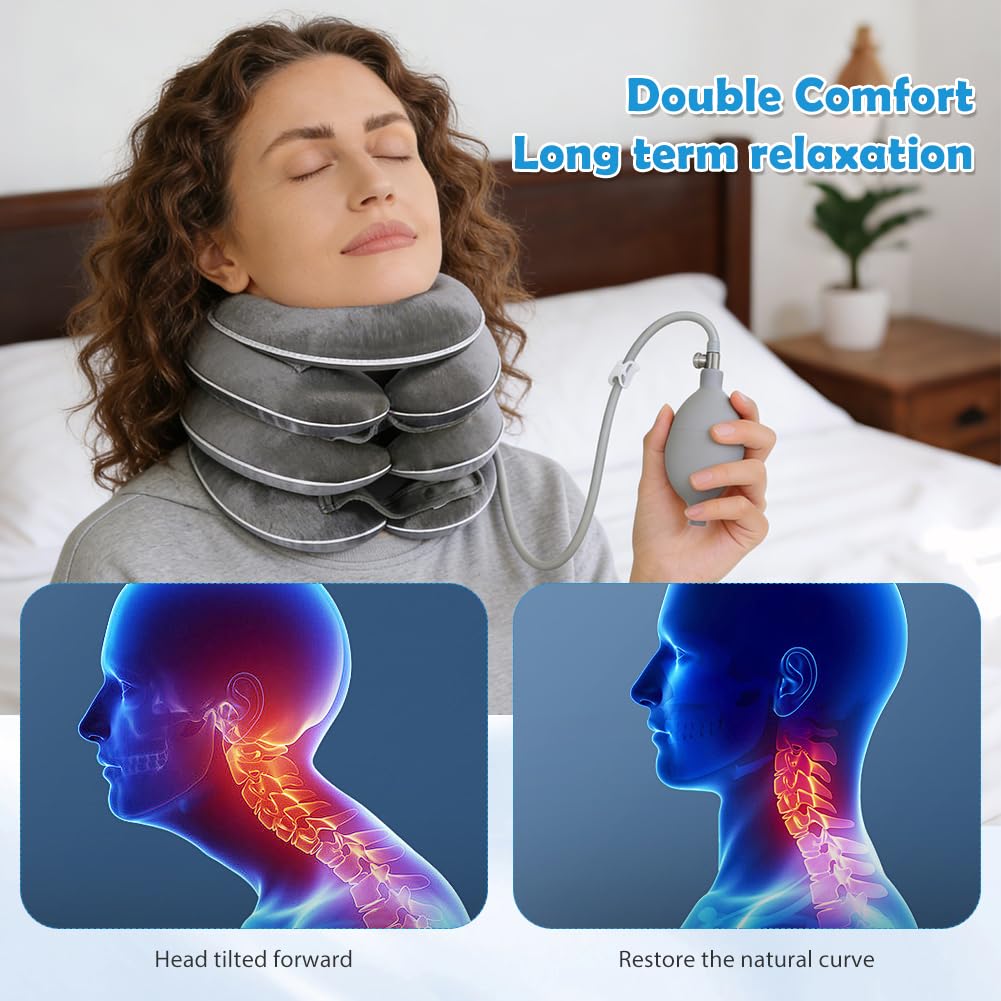Collare gonfiabile, design di allungamento a 3 strati, supporto per il collo, collarino gonfiabile, per il collo, per il collo, per il collo, per la casa, per alleviare il dolore, grigio chiaro