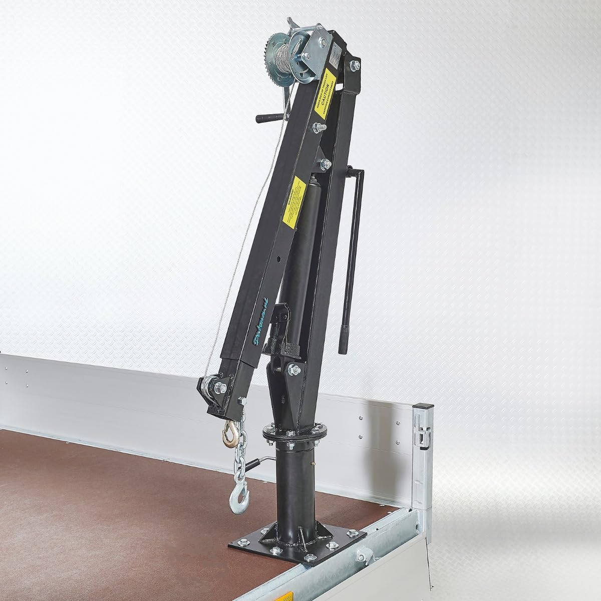 Datona Anhängerkran mit Handwinde XL 800 kg - hydraulischer Ladekran 360° drehbar, 9,5 m Seilwinde, 200 cm Hubhöhe, Montageplatte 26,5 cm - Schwarz