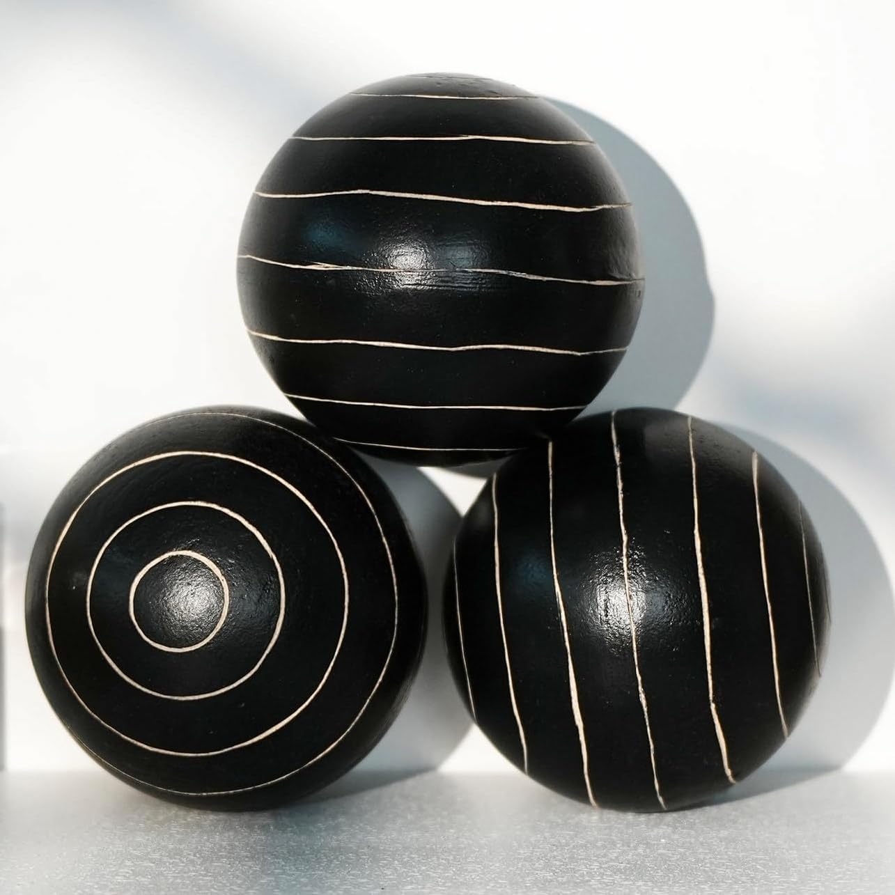 Decorative Orbs for Bowls and Vases, Circle Pattern, 4 inch Resin Round Sphere Balls, Set of 3, Living Room Coffee Table Centerpiece