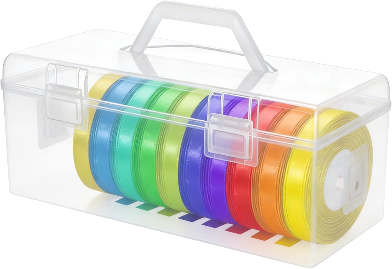 Plastic Ribbon Organizer Container, Christmas Ribbon Spool Holder Washi Tape Thread Storage Box with Handle and Spool for Sewing Craft Wreath Crochet Roll Florist Arts Gift Wrapping