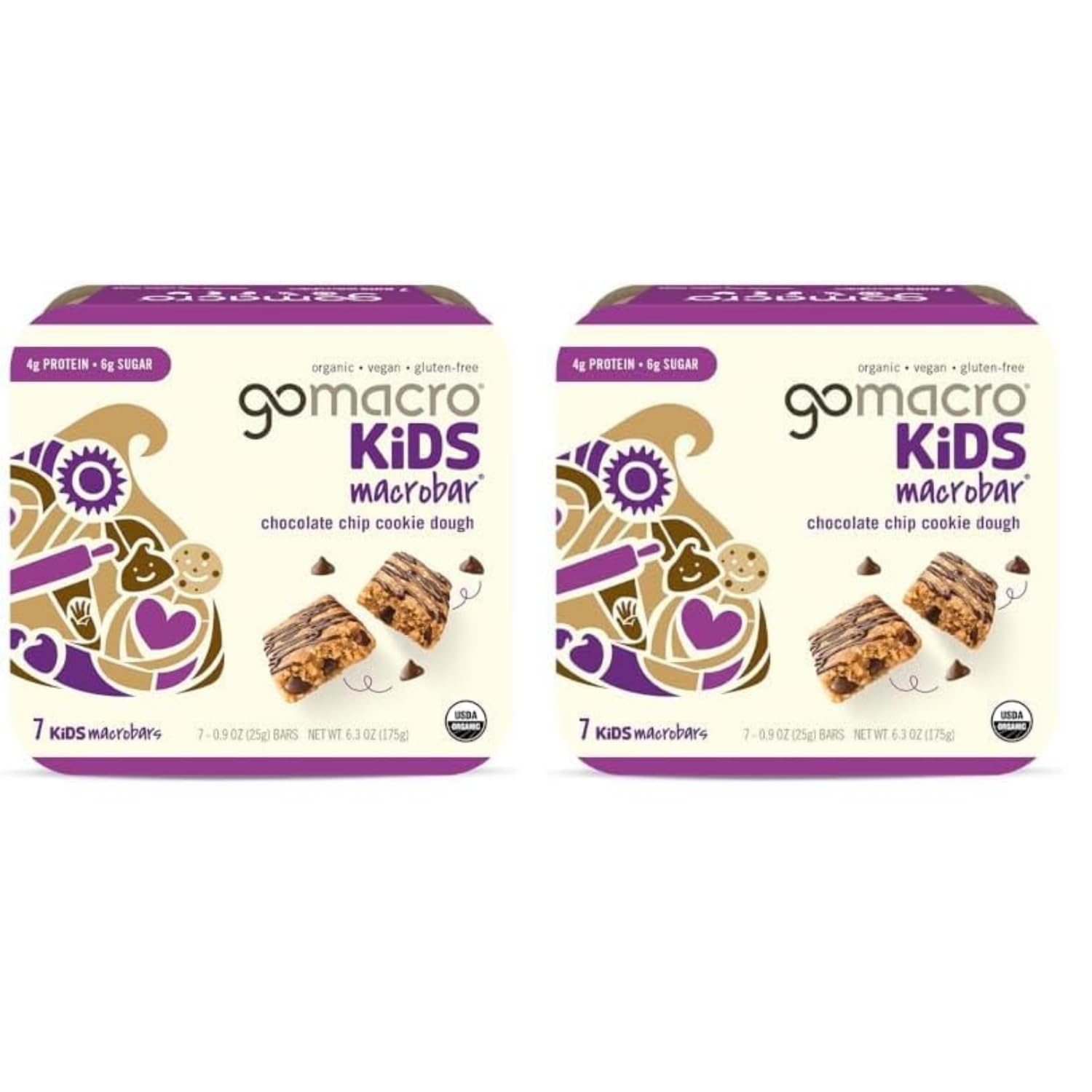 GoMacro Kids MacroBar Organic Vegan Snack Bars - Chocolate Chip Cookie Dough (0.90 Ounce Bars, 7 Count) (Pack of 2)USDA Organic