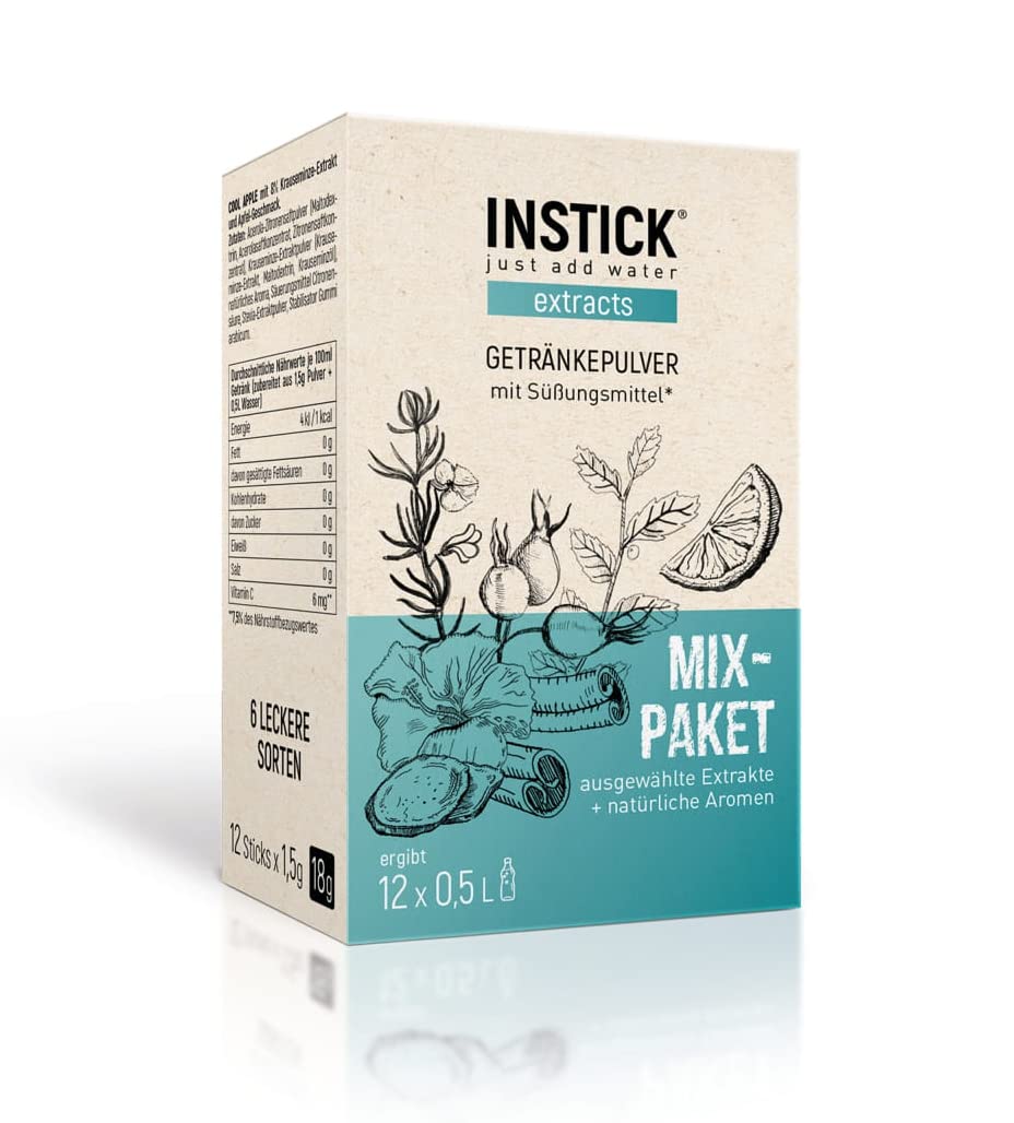 INSTICK Extracts bevanda istantanea senza zucchero (pacchetto misto) per 12 x 0,5 L polvere per bevande vegana a basso contenuto calorico con vitamina C per bevande calde e fredde
