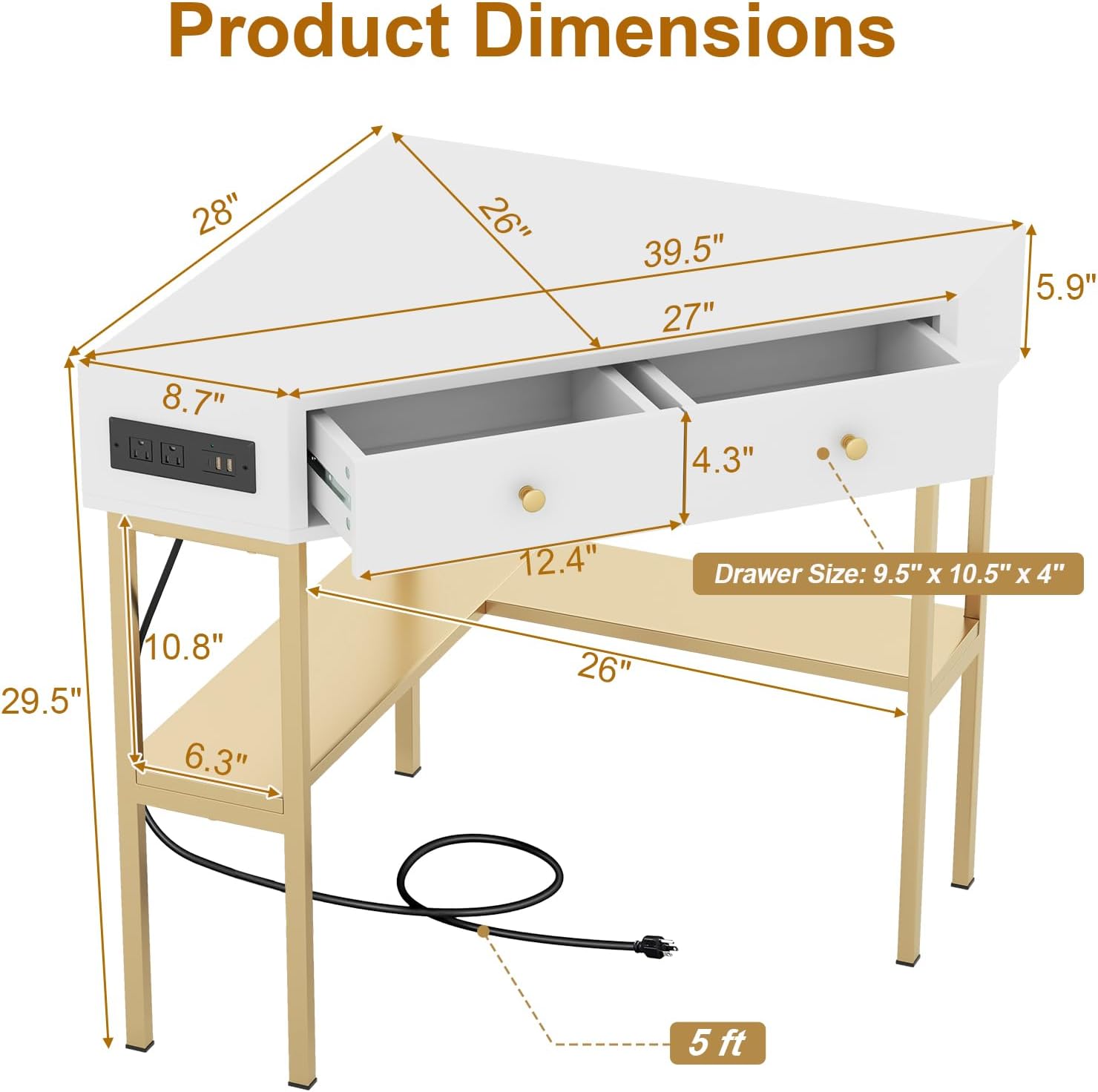 POWERSTONE Corner Desk with Charging Station & 2 Drawers, Space-Saving Makeup Vanity Triangle Computer Desk Workstation with Storage Shelves for Bedroom, Study Gold Legs