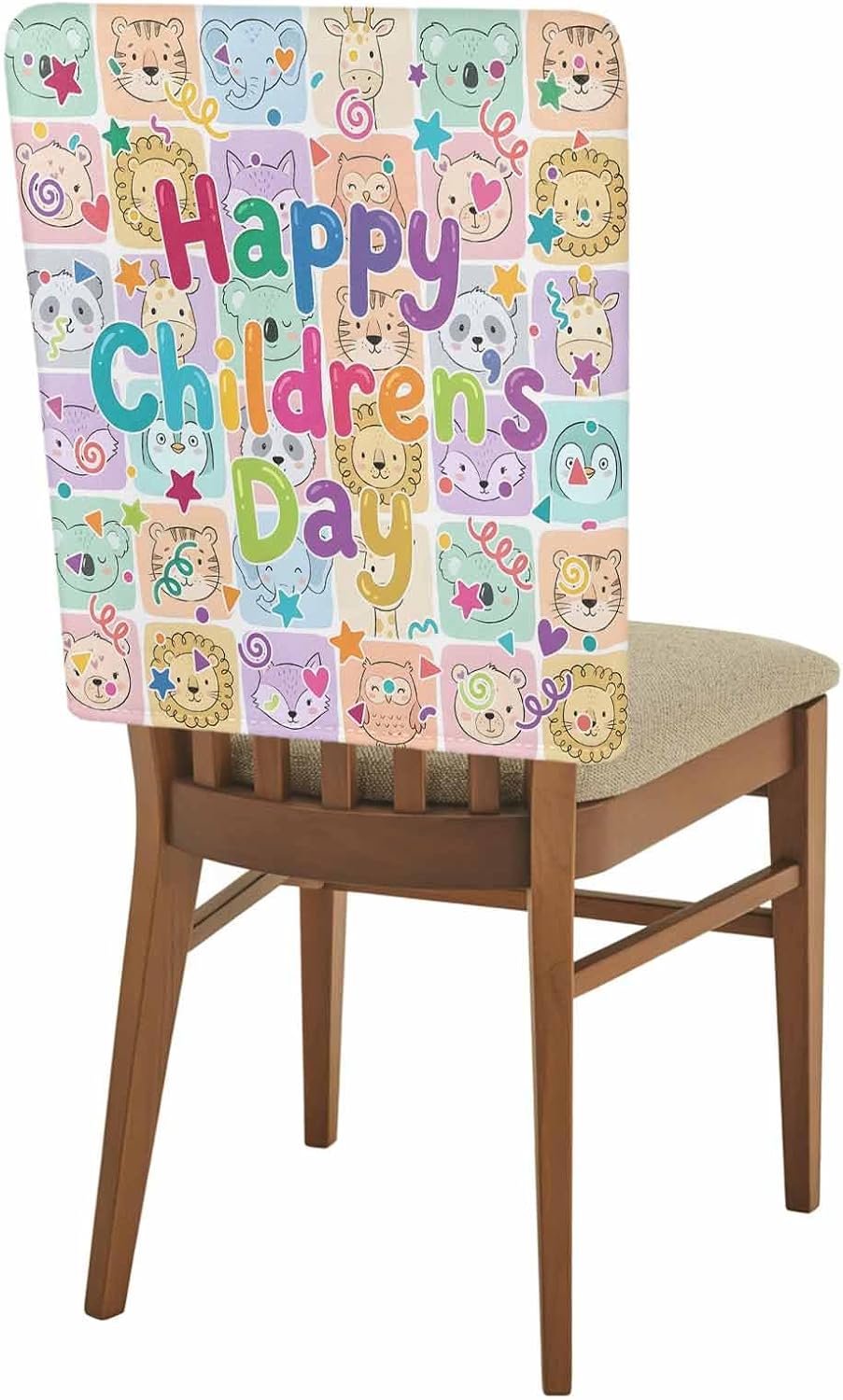 Chair Back Covers for Dining Room, Happy Children's Day Linen Polyester Back Chairs Protector, Cartoon Curtain Animals 4 Pcs Chair Covers for Dining Chairs Decor, 20 x 19 Inches