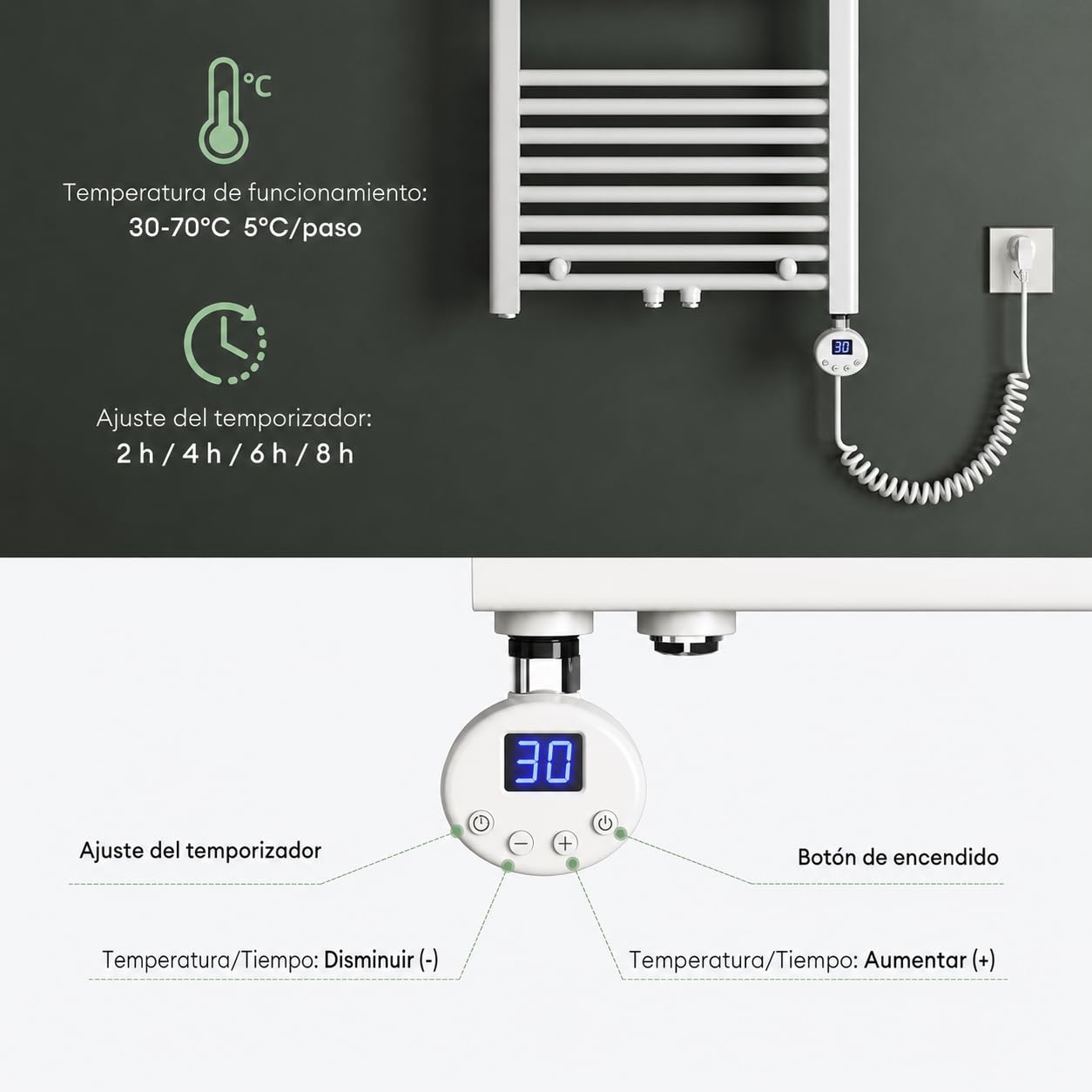 Mai & Mai Radiador de Baño Toallero Eléctrico Bajo Consumo 140x50cm Calentador Horizontal Calefacción Eléctrica Blanco con Elemento Calefactor Eléctrico 800W