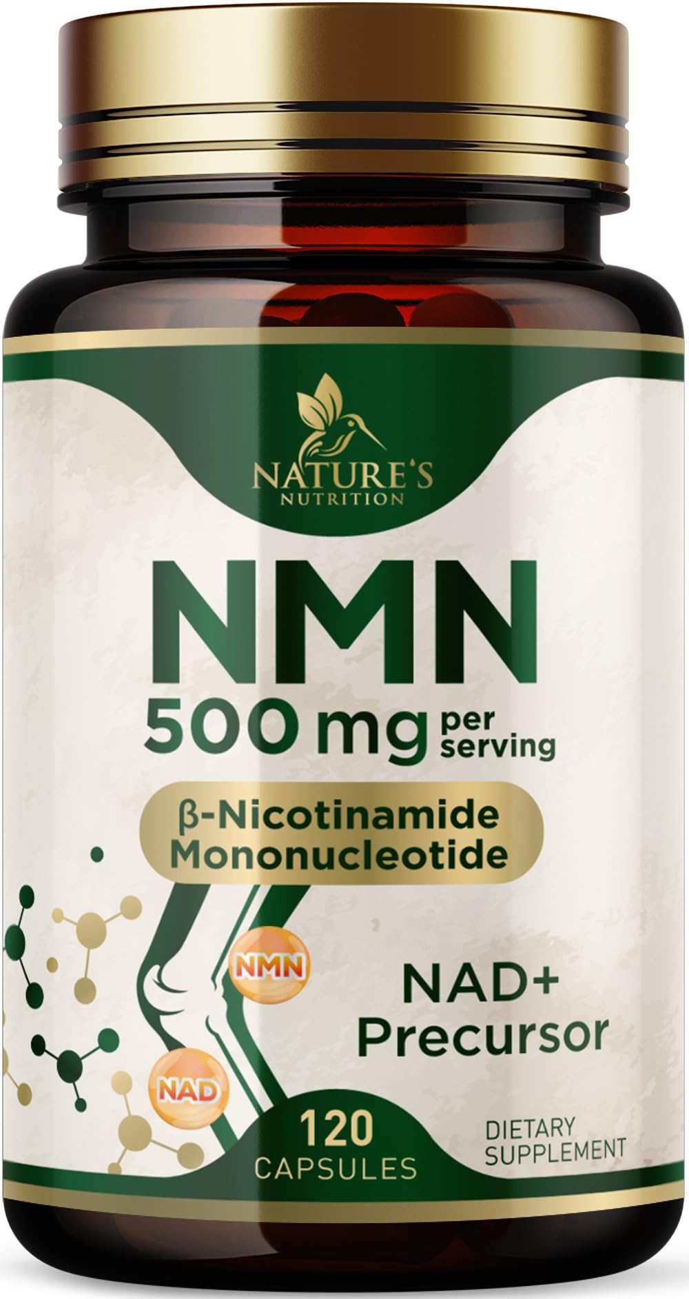 NMN Supplement - β-Nicotinamide Mononucleotide (NMN) 500 mg Per Serving - Pure NMN Formula - NAD+ Precursor Supplement - Cellular Energy & NAD Support - Vegan Capsules - Bottled in USA - 120 Capsules 120 Count (Pack of 1)