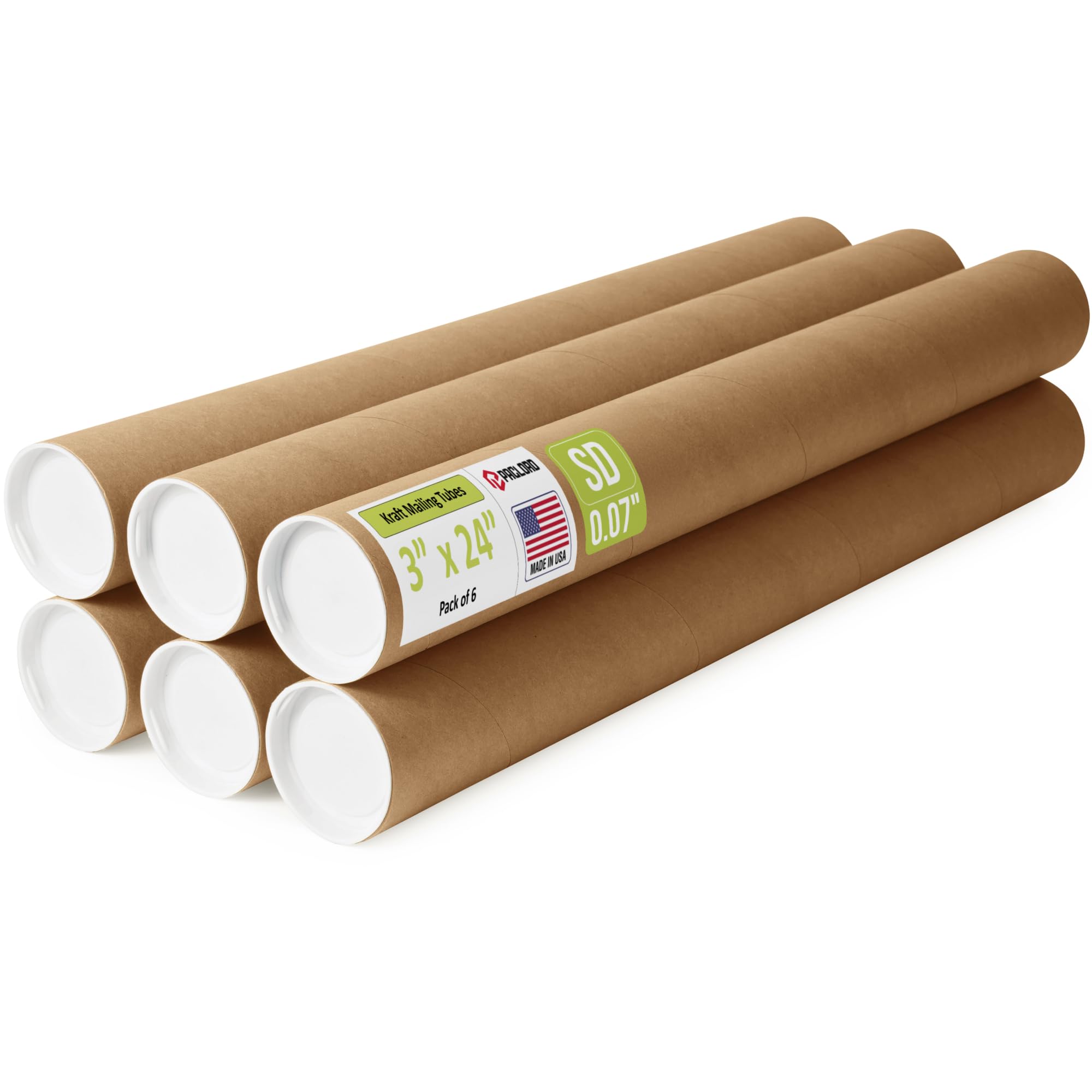 3" x 24" reinforced kraft paper mailing tubes, pack of 6 tubes with 2 caps each – usps approved poster tube – made in usa cardboard tube for shipping and storing posters, prints, artwork, or documents