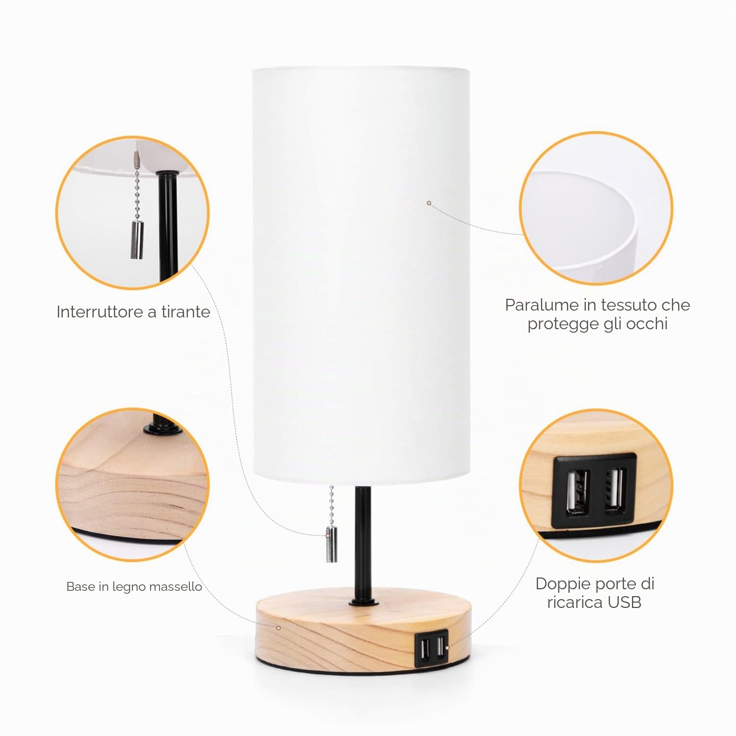 Aigostar Lampada da Comodino con 2 Porte di Ricarica USB, Lampada da Tavolo E27 con Interruttore a Tirare, Base in Legno, Lampada da Scrivania per Soggiorno, Camera da letto, Ufficio - Bianca
