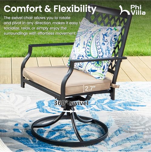 Image of PHI VILLA 7 Pieces Outdoor Dining Set for 6, 59 inch Rectangle Wrought Iron Table with Umbrella Hole & Swivel Fixed Chairs with Cushions, Modern Metal Furniture for Patio, Deck, Yard, Porch