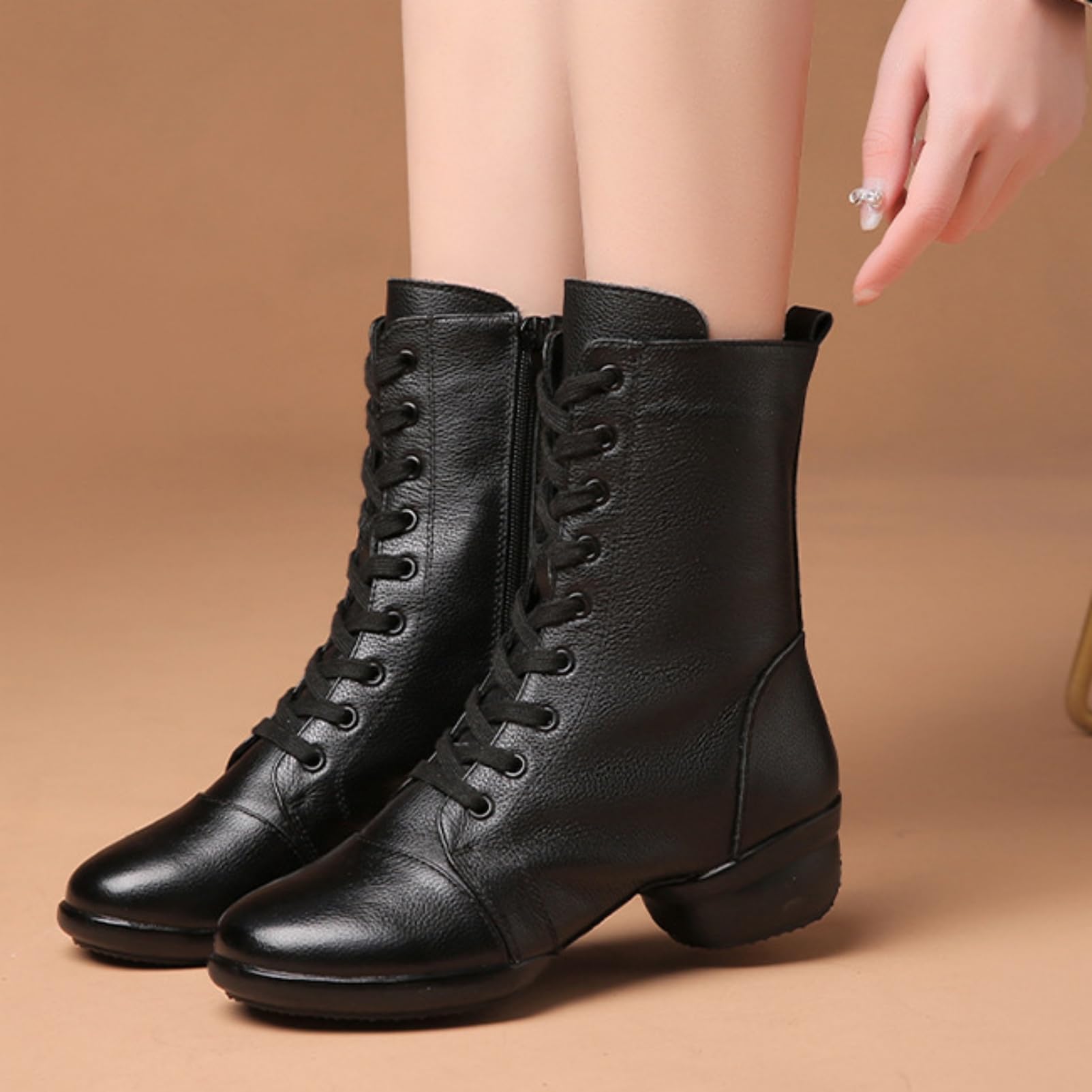 Amtopiyo Donna Vera Pelle Danza Jazz Stivaletti Suola Divisa Allacciatura & Cerniera Laterale Scarpe da Ballo