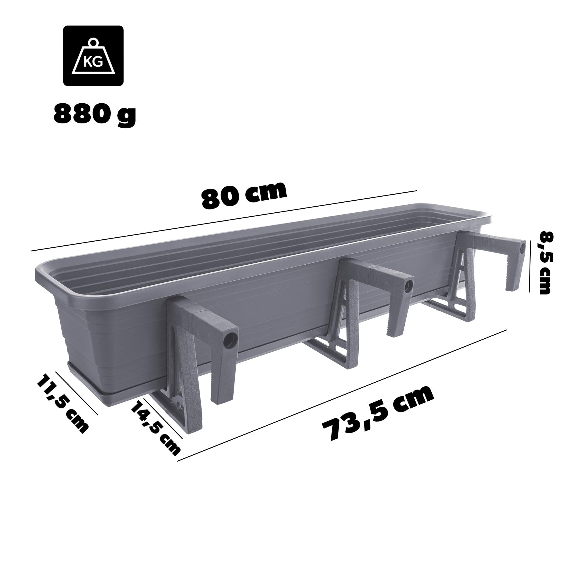 KADAX Jardinera con platillo en juego, con o sin soportes para jardineras, maceta de plástico para balcón, jardinera, barandilla, maceta (antracita, 80 cm + soportes), K10028