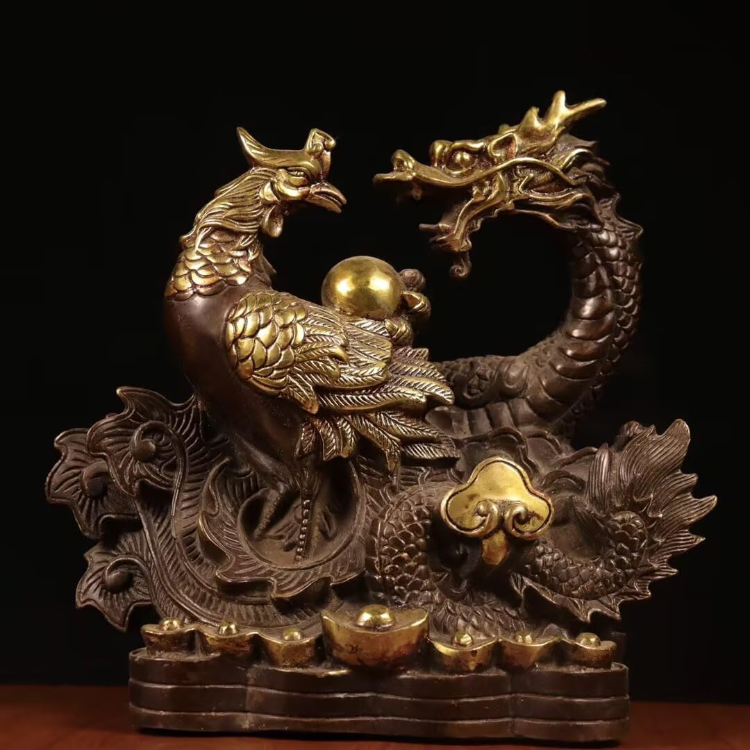 Dytartzx Solid Copper Dragon Phoenix Statue, Handcrafted Fengshui Auspicious Ornament, Chinese Cultural Sculpture for Home Office Entryway Decor, Good Luck & Prosperity