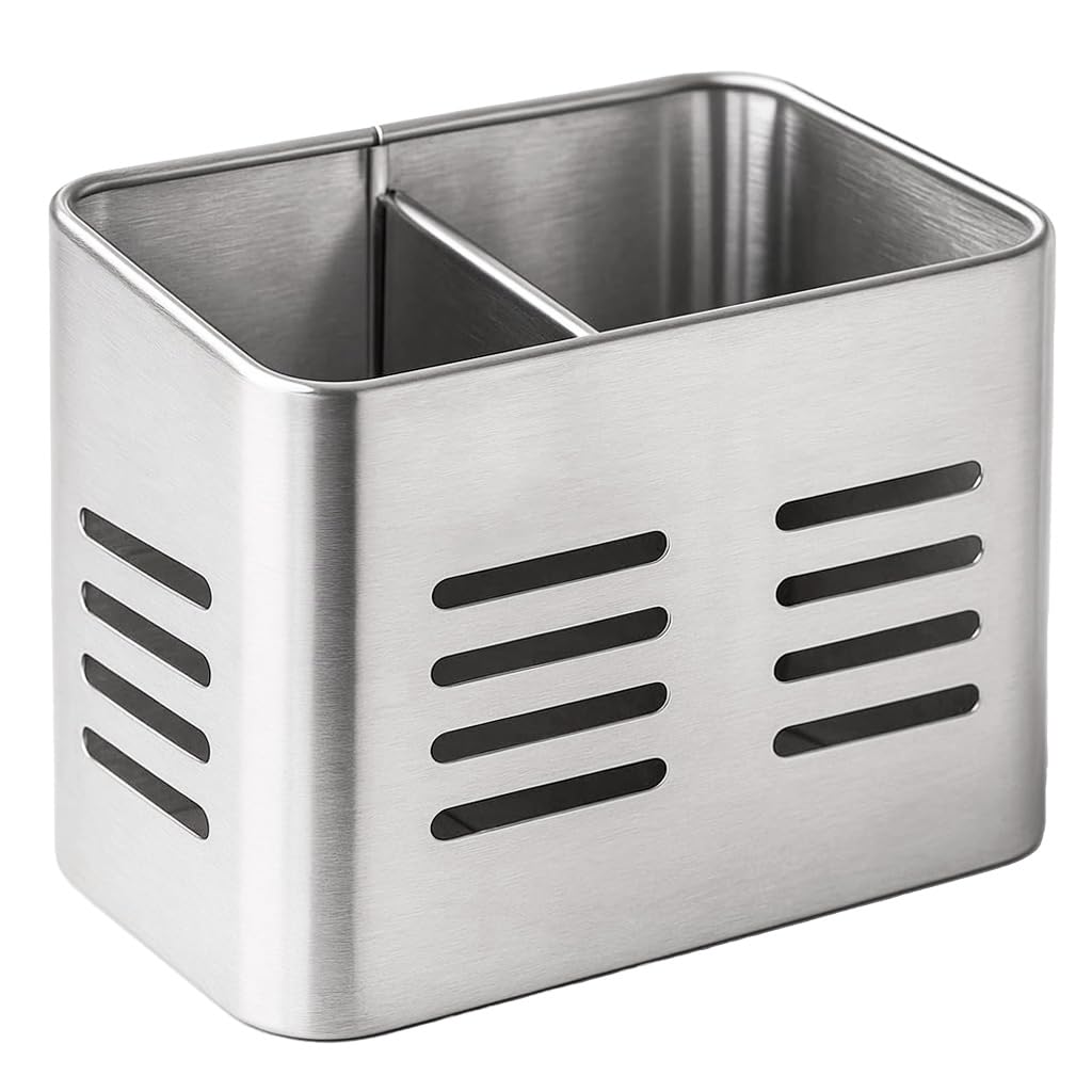 Portautensili Rettangolare da Cucina - Contenitore Portaposate in Acciaio - Scolaposate - Portapenne Metallico - 16 x 9 cm
