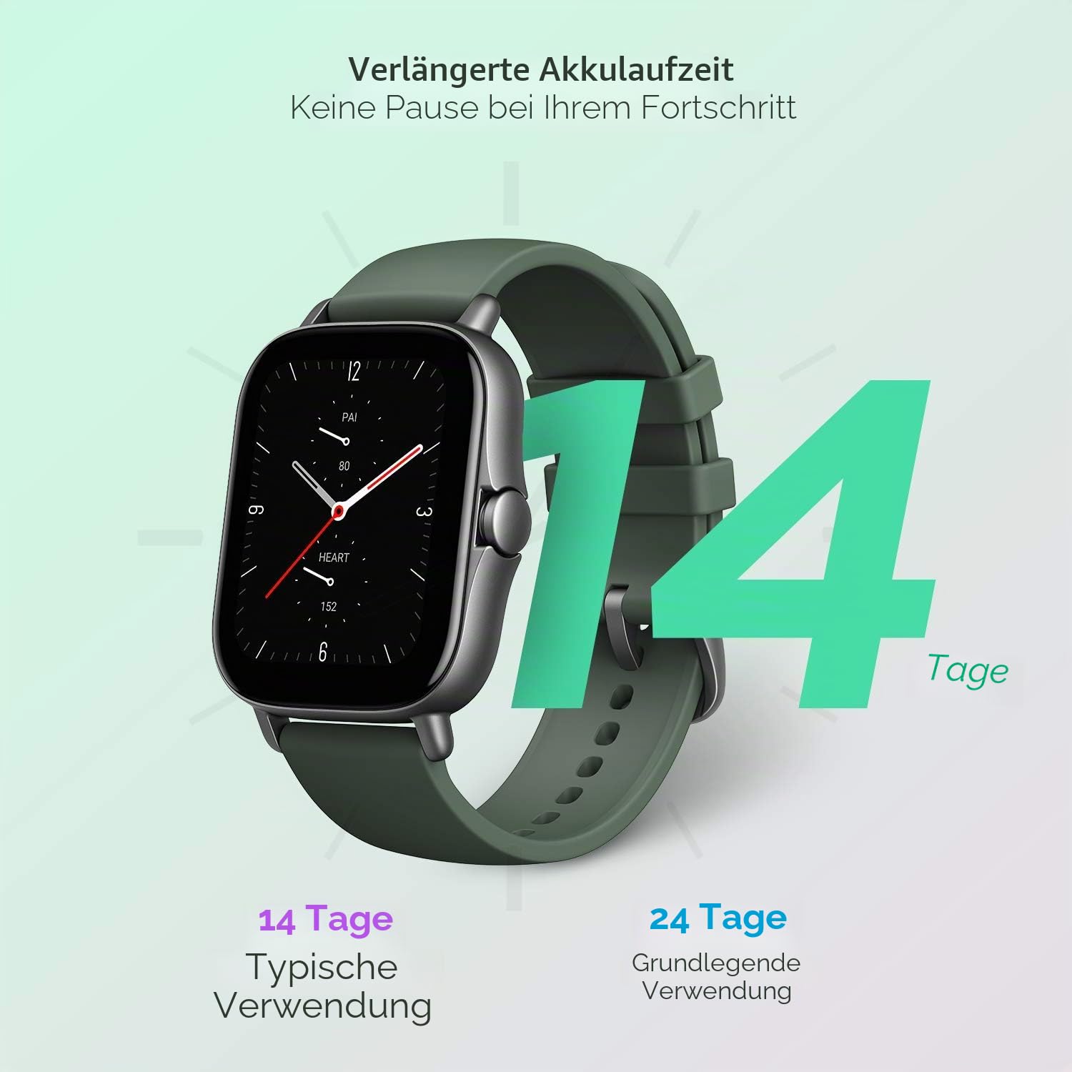 Amazfit Smartwatch GTS 2e GPS 1,65''Aktivitätstracker für Fitness und Gesundheit mit 90 Sportmodi, 14 Tagen Akkulaufzeit, Überwachung von SpO2, Herzfrequenz, Schlaf, Stress für Herren Damen (Grün)