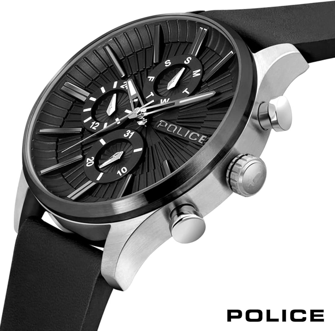 Police Barter Mens Multifunction Watch with Black Dial and Black Leather Strap - Image 4