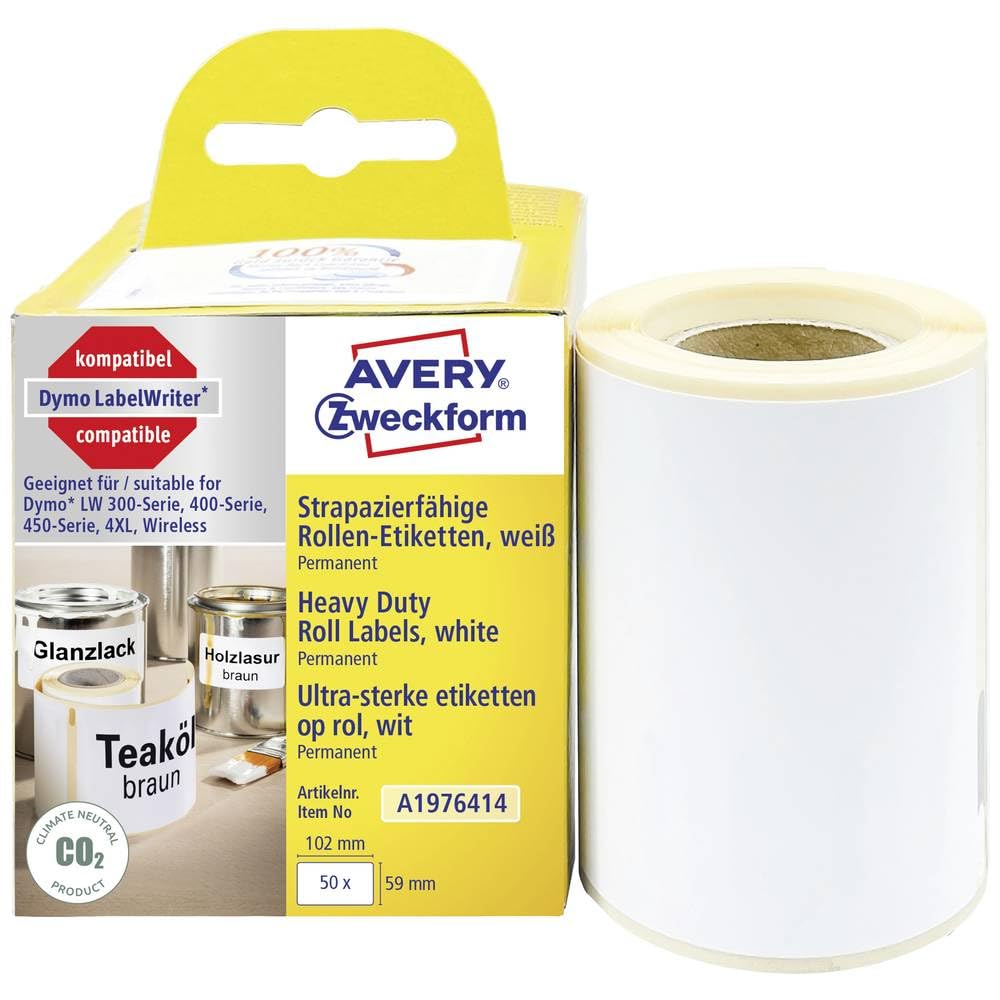 Avery Zweckform A1976414 Dymo LabelWriter wetterfeste Etiketten (59 x 102 mm), 1 Rolle, 50 Kunststoff-Aufkleber