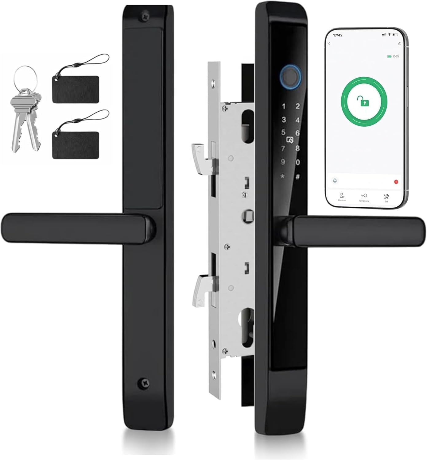 Sliding Door Smart Lock with Handle Fingerprint - Keyless Entry, WiFi Tuya/Ttlock App Control, Alexa/Google Home, IP55 Waterproof, Auto-Lock, Mortise Lock for Home & Office - Aluminum Alloy