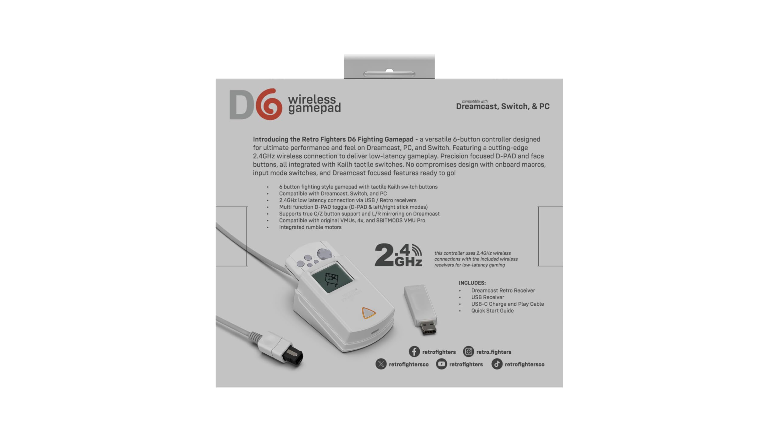 Retro Fighters D6 Dreamcast Wireless Controller for Switch/PC/Dreamcast, White