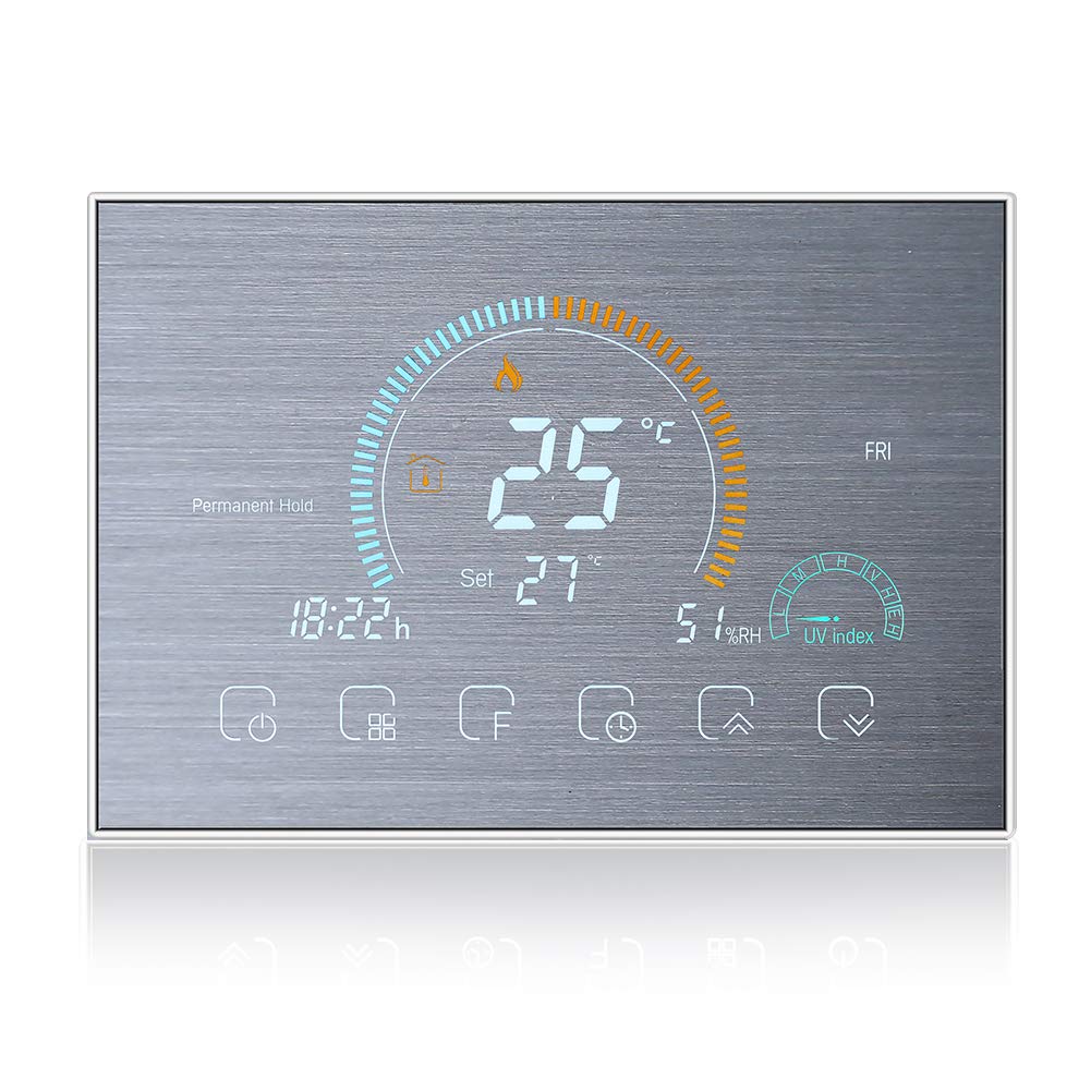Qiaoxipan Brushed Wifi Smart Thermostat Alexa-Digital Room Boiler Heating Thermostat Controller Wireless,Wall Mounted Programmable Temperature Controller,Weather,Uv Index,Humidity Hisplay,5A