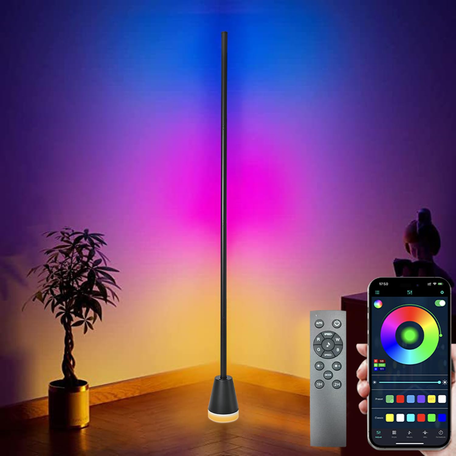 Epicflare LED Stehlampe, Floor Lamp Wohnzimmer 150cm mit Fernbedienung und APP DIY-Modus 16 Millionen Farben, Ecklampe mit Musikmodi & Timing-Funktion für Wohnzimmer Schlafzimmer Spielzimme