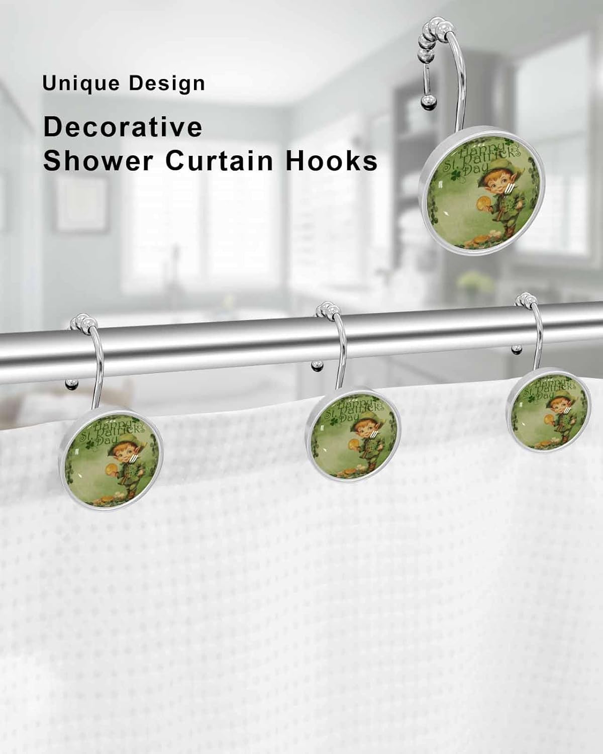 Shower Curtain Hooks 12 Pcs, Happy St. Patrick's Day Retro Elves Coin Clover Linen Green Stainless Steel Rust Proof Rolling Shower Curtain Rings, Decorative Shower Curtain Hooks Hangers for Bathroom