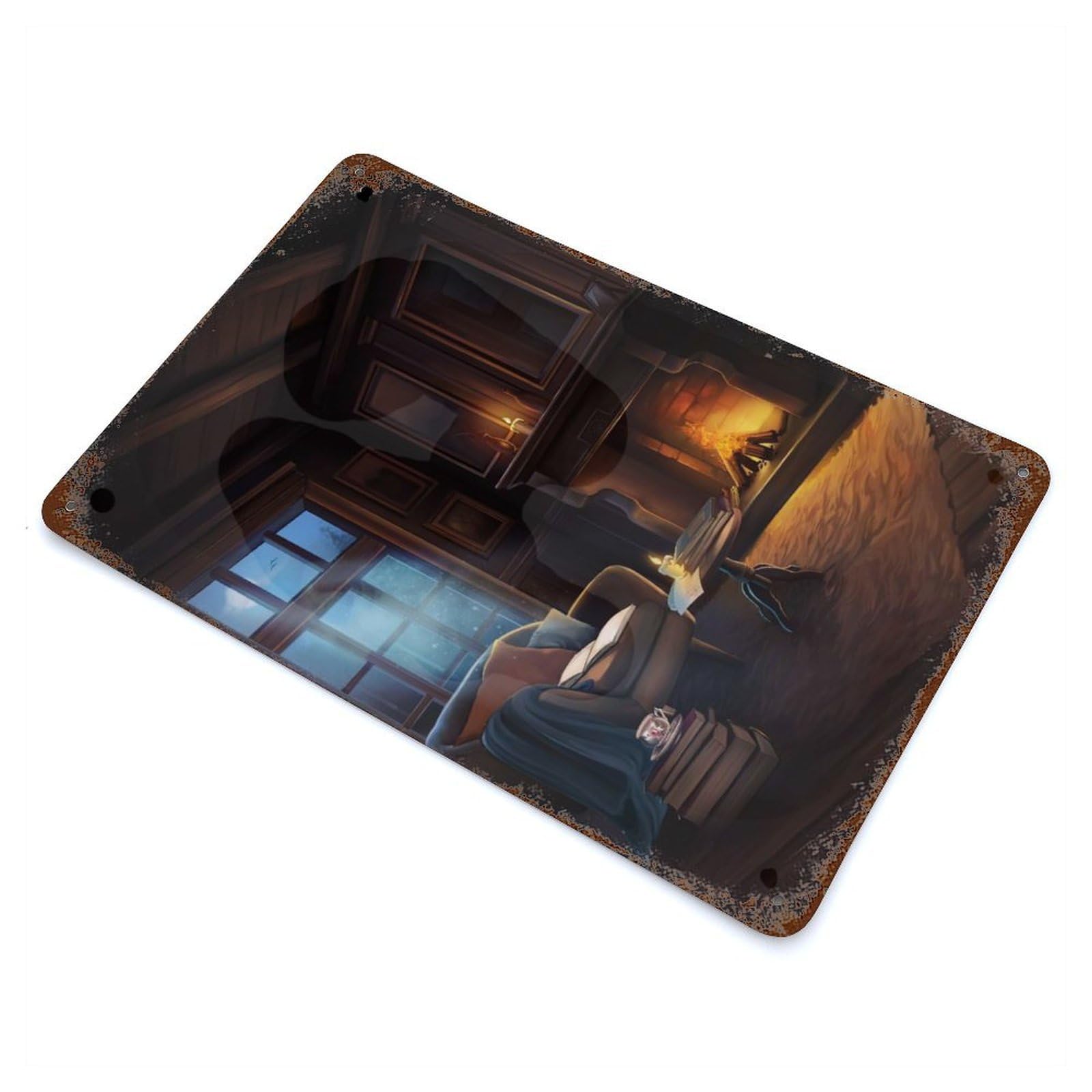 Cozy Cabin Armchair Scene Rustic Tin Plaque 11.8"x7.9", Ideal for Shed, Workshop And Garage Wall Decor
