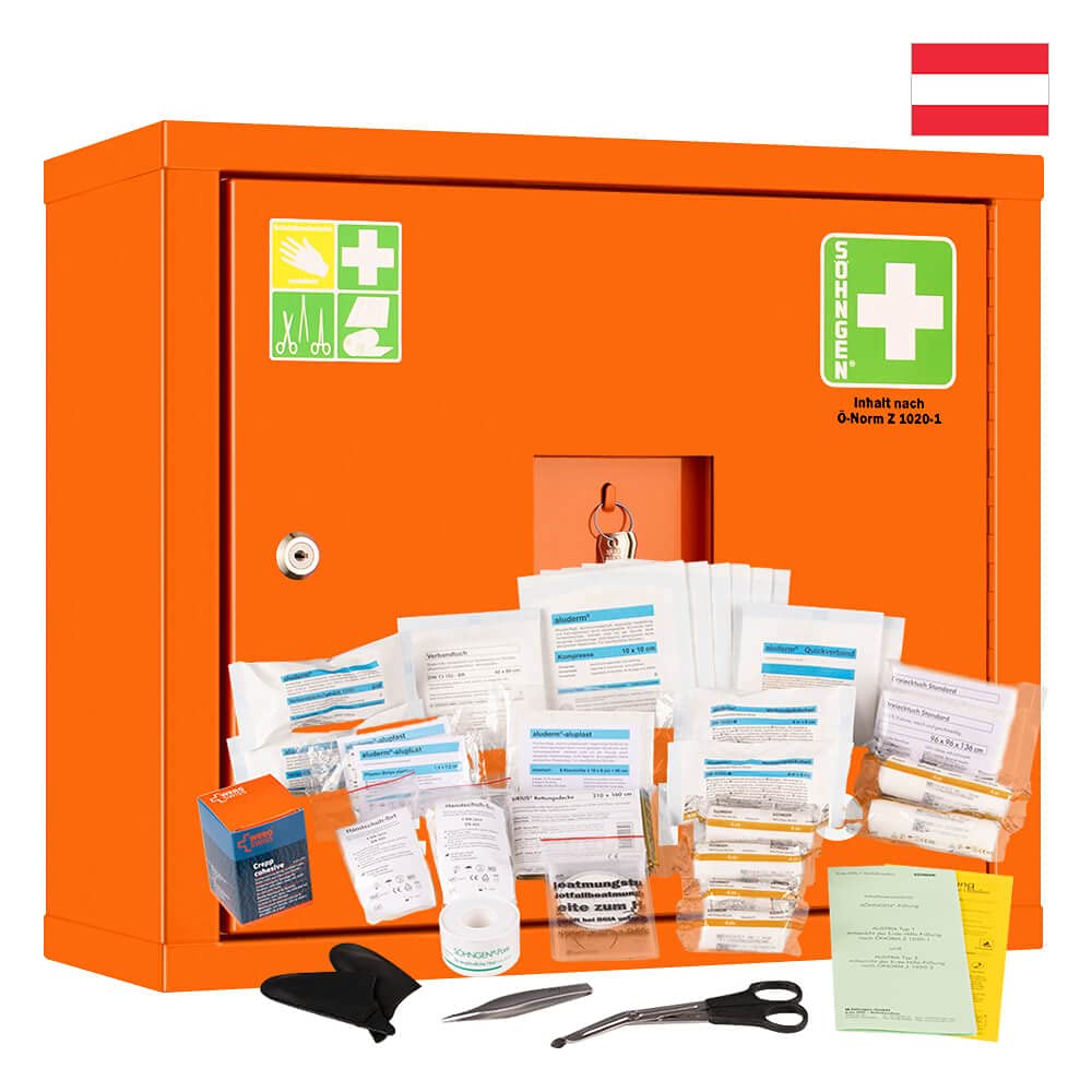 SÖHNGEN Söhngen Sanitätswandschrank JUNIORSAFE, orange, mit Füllung Ö-Norm Z 1020 Typ 1 aus Stahl, Art.-Nr. 0503019 + 0390901 | Erste Hilfe Schrank | Verbandsschrank | Sanitätswandschrank