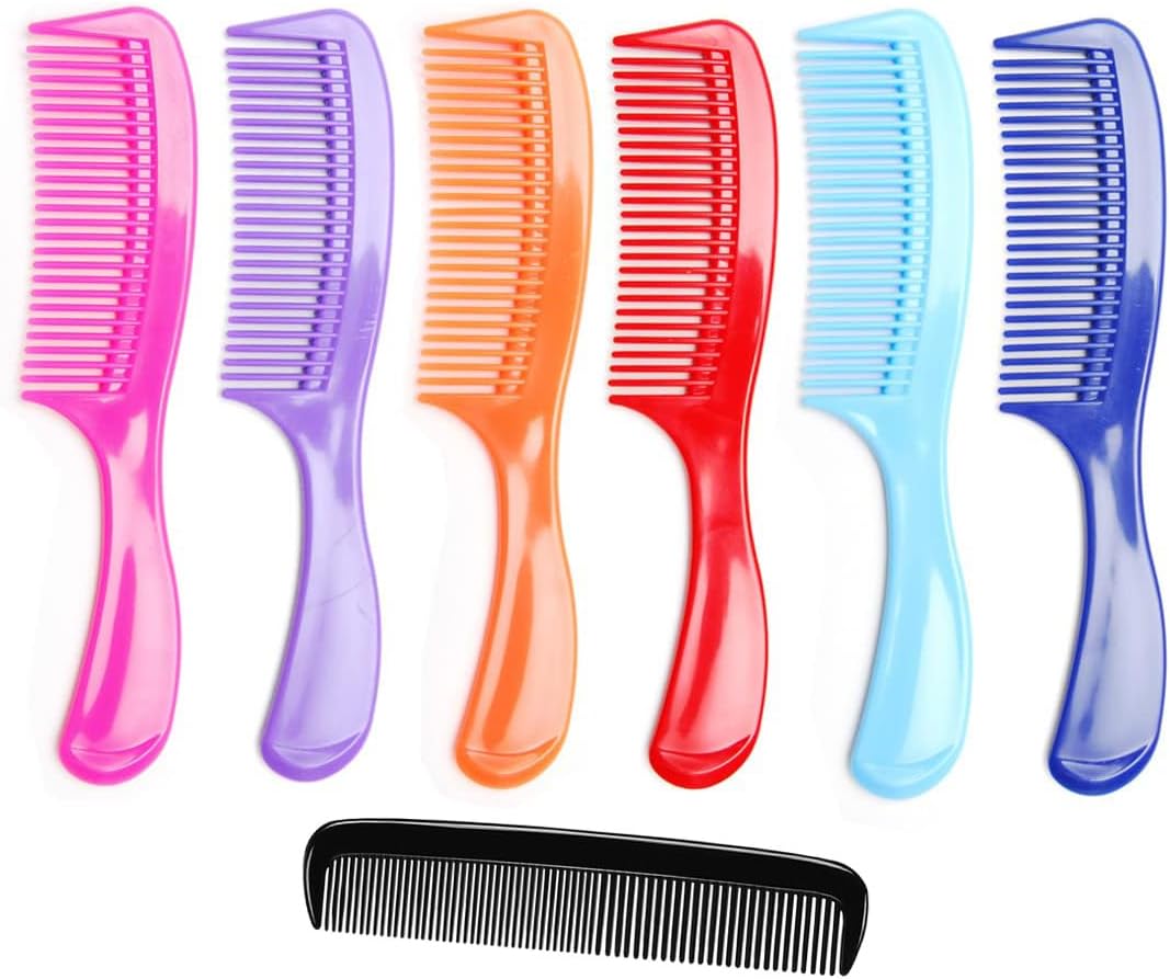 (6 Pack) 8" Colorful Styling Essentials Round Handle Comb Hair Combs and (1 Pack) 5" Favorict Pocket Comb (A)