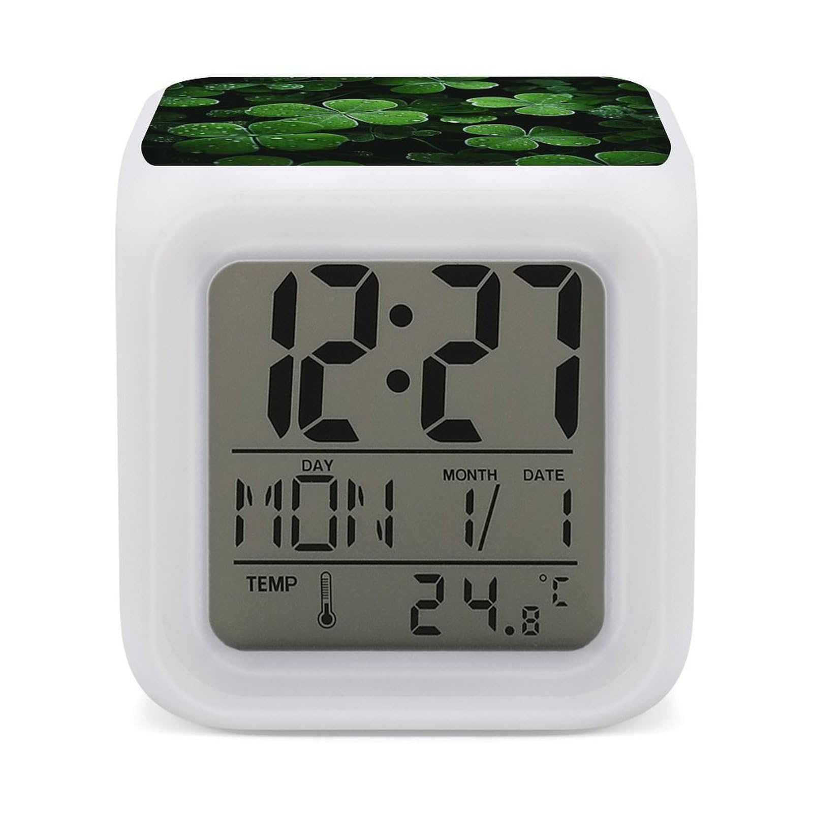 JTREHY St Patricks Day Leaves Alarm Clock Digital Dimmable Clock for Bedroom LED Display Screen Mini Clocks 7 Color Dimmable Night Lights Time-to-Rise Alarm Clocks for Office Living Room