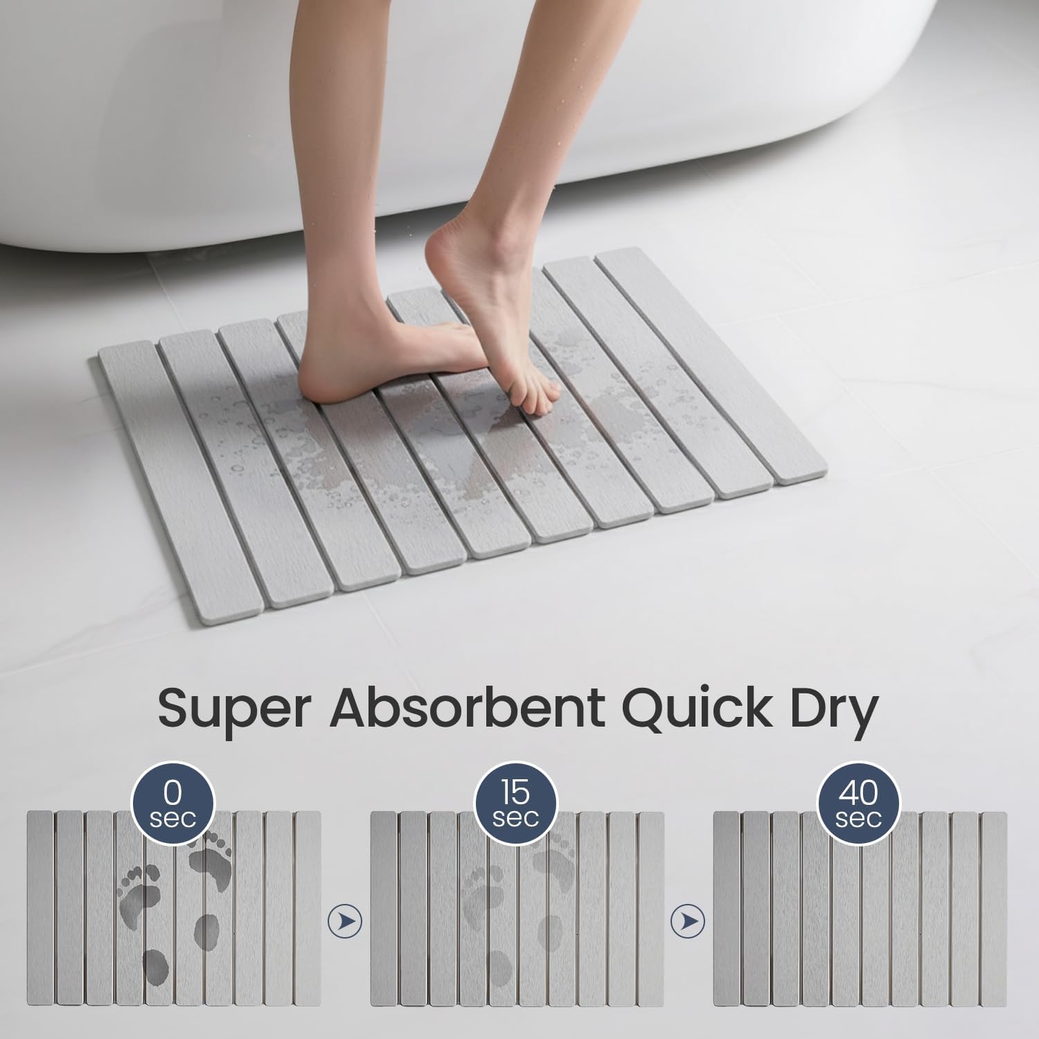 Meowoo Foldable Stone Bath Mat, 23.6"x15.3" Diatomaceous Earth Bath Mat, Non-Slip Quick Dry Bathroom Floor Mats, Super Absorbent, Easy to Clean, Stone Bathroom Floor Mats for Bathtub Front-Light Gray