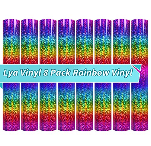 Lya Vinyl Rainbow Holographic Sparkle Vinyl - Permanent Vinyl 12” x 12” 8 Pack Adhesive Vinyl Sheets for DIY Gifts, Birthday Party, Christmas Decoration