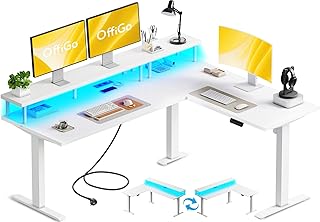 OffiGo Schreibtisch Höhenverstellbar, 150x120cm Eckschreibtisch Höhenverstellbar mit Monitorhalterung, Elektrisch Schreibtisch L Form mit Steckdosen, Computertisch mit LED Lichtleiste für Büro, Weiß