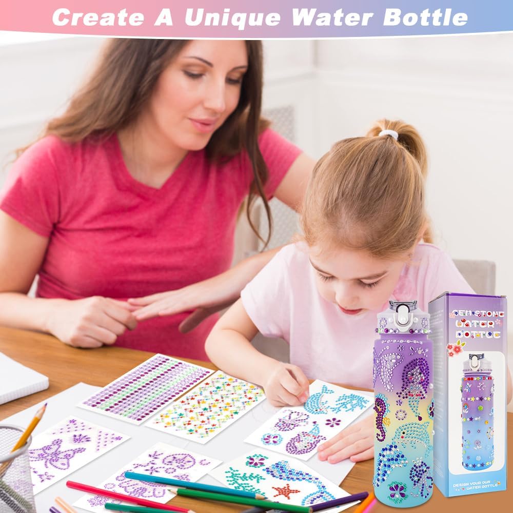 iRFKCIOW Decorate Your Own Water Bottle Kits for Girls, Easter Gifts for Girls Age 4-12 Girl Water Bottle Fun Art Kits with Glitter Gems Stickers Easter Basket Stuffers DIY Water Bottle for Girl