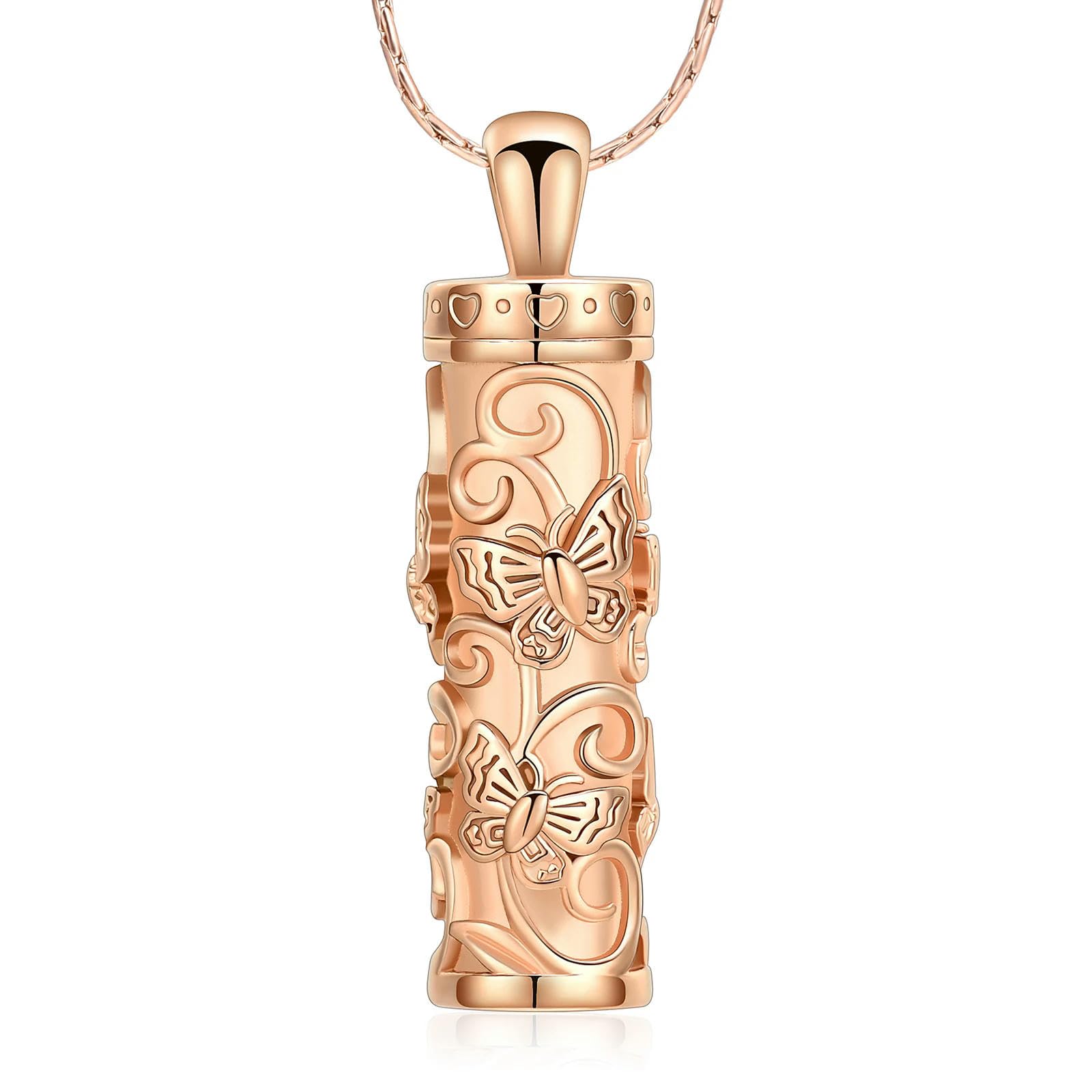 Cylindre funéraire avec pendentif papillon en acier chirurgical finition or rose