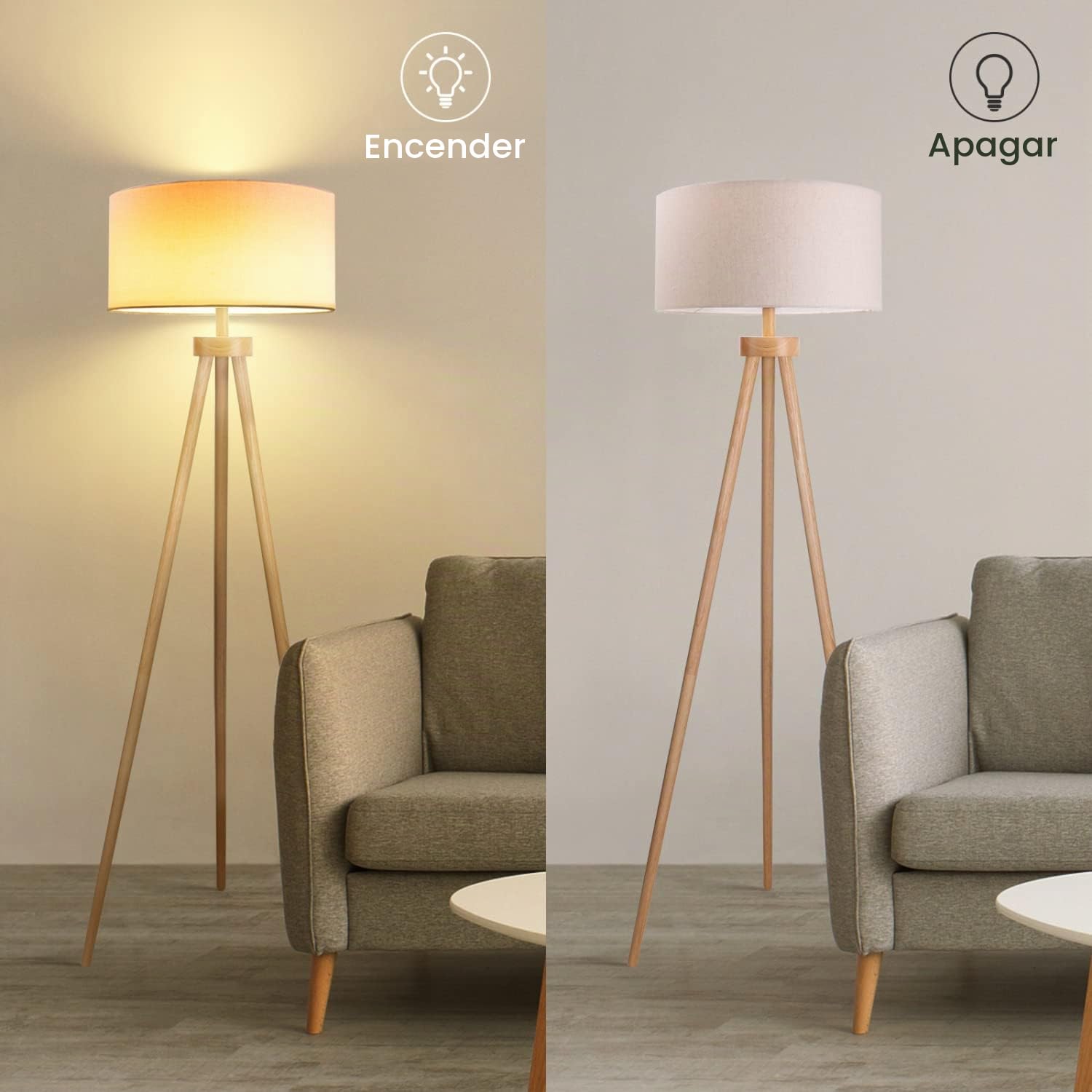Aigostar Lampara de Pie Salon E27 Retro de Madera Trípode, 2pcs, Sin Bombilla (Max.60W), Pantalla de Lino e Interruptor de Pie, Cable 180 cm, Madera Maciza, Estilo Nórdico