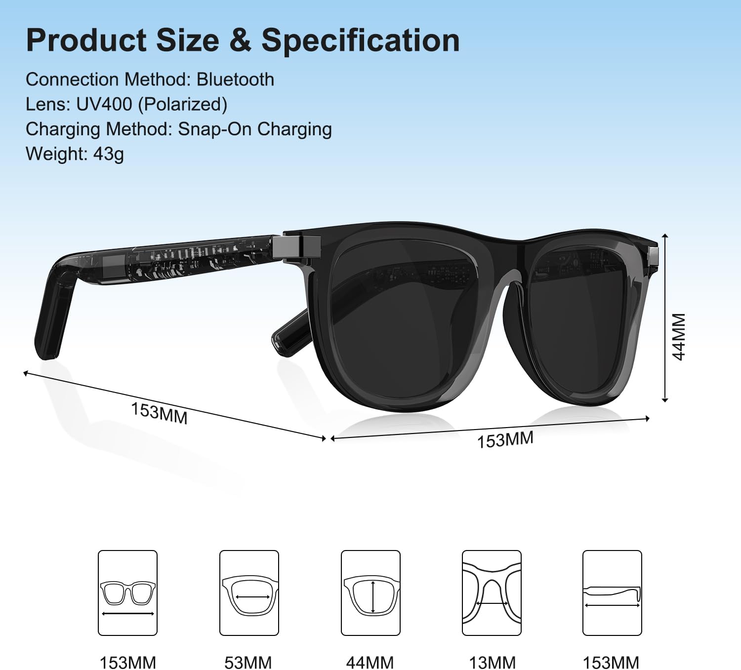 AI Smart Glasses for Men Women- Real-Time Translation (165+ Languages), Noise Cancelling, Open Ear Bluetooth Glasses, Polarized UV400 Smart Sunglasses, Auto On/Off Head Detection - Grey