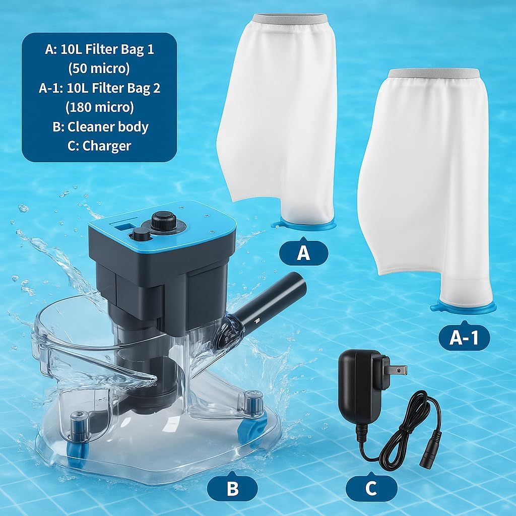 Aspiradora inalámbrica para hojas de piscina con bolsas de filtro duales | Bolsas de filtro duales; succión resistente para piscinas sobre el suelo y enterradas; fácil eliminación de hojas y desechos