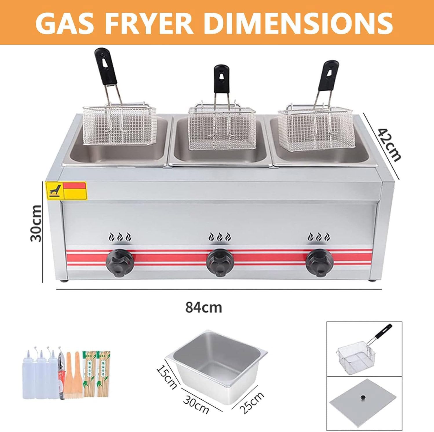 Friggitrice a Gas Professionale, friggitrice a Gas 10L/20L/30L Serbatoio in Acciaio Inox Friggitrice per Ristorante Commerciale Cucina Domestica Potenza di Fuoco Regolabile,Triplecylinder10L+10L+10L
