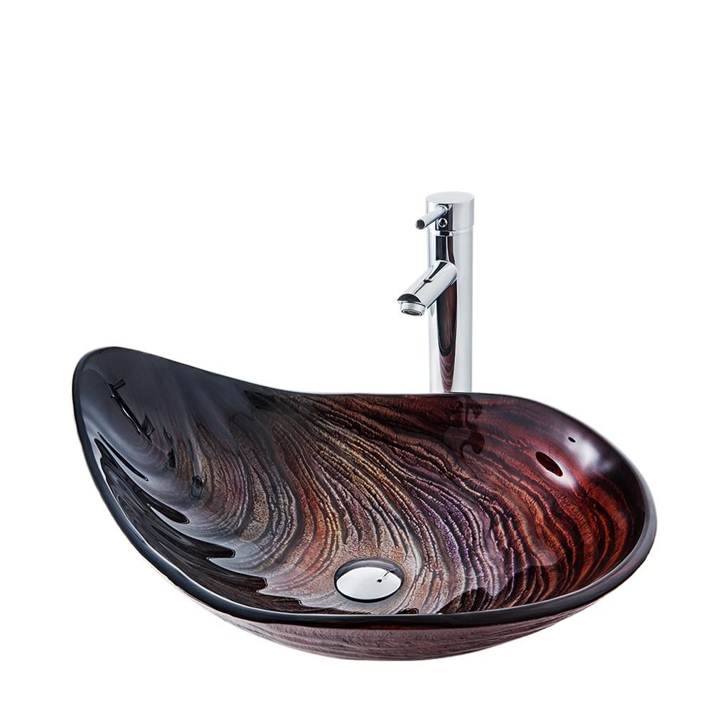 ADERFETBI Bathroom Sink Bathroom Tempered Glass Art Basin Above Counter Vessel Vanity Sink Bowl with Faucet Combo