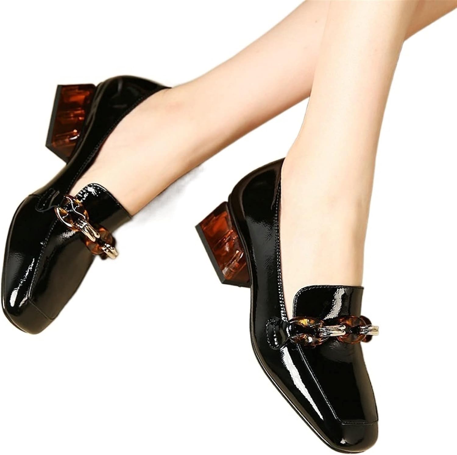 SHESRA High Heels Women Pumps Spring Summer Chain High Heels Party Shoes Woman Genuine Leather Female Brand Prom Shoes Loafers(Hortel�,7)