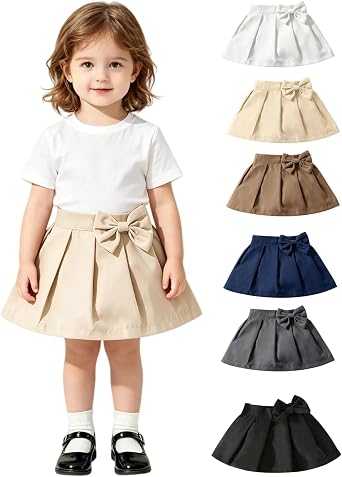 Girls School Skirt Bow Mini Skirts Elastic High Waist A Line Pleated Skirt Solid Color Back to School Casual Fashion Skort Dress Toddler Spring Summer Autumn Skirts Everyday for Age 3 Months-12 Years
