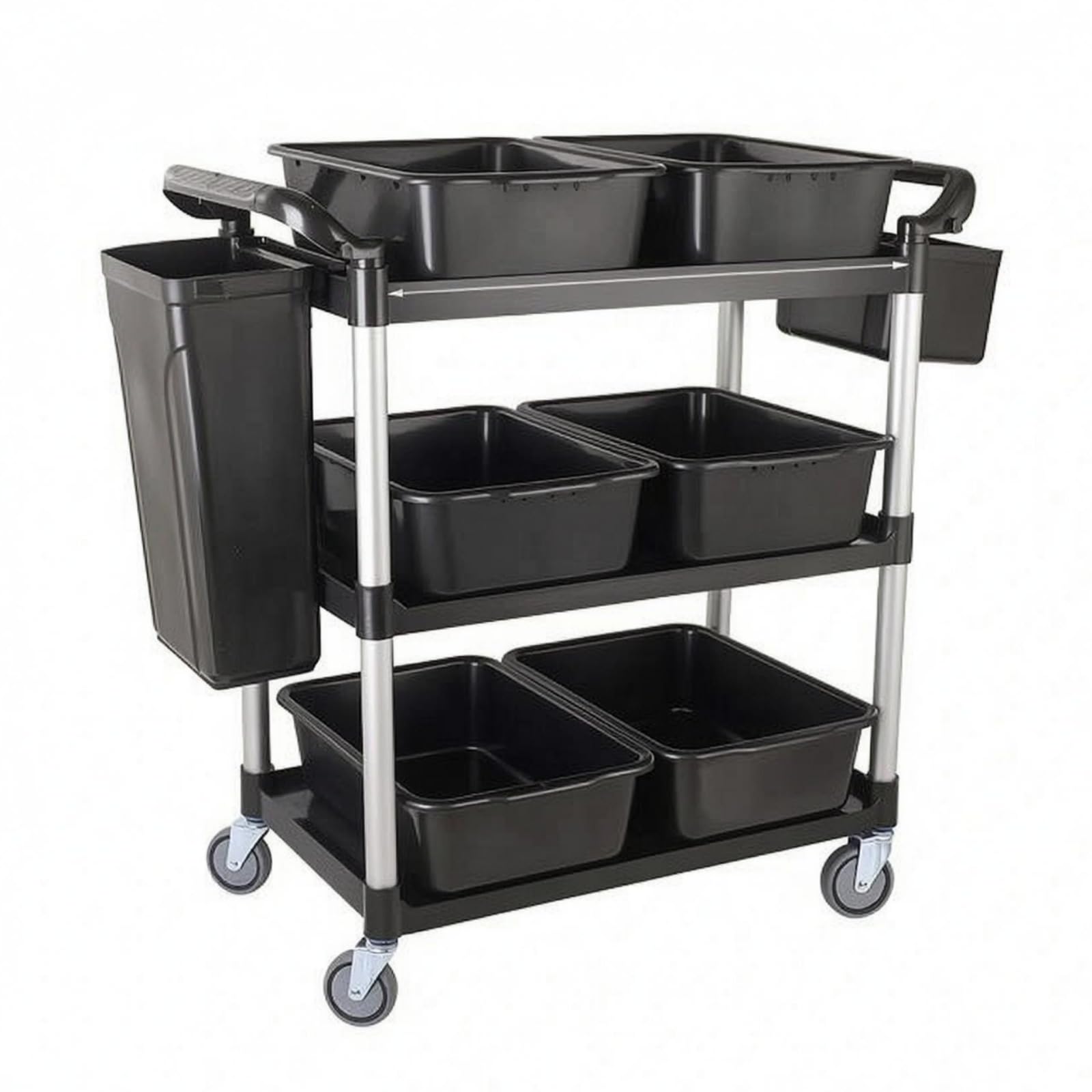 F Fityle Carro de Servicio Comercial Diseñado para Transporte de Suministros con Estantería Triple Organización Separada y Ergonómicos Adecuado para Limpieza y, Negro, Ruedas Silenciosas con Freno