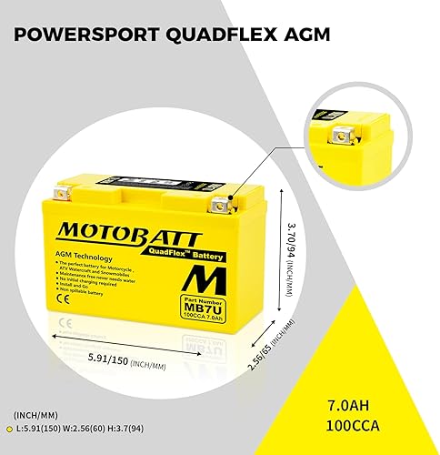 Miniatura 4 de MotoBatt Reemplazo de batería AGM sellada MB7U de 12 voltios y 6.7 Ah - YT7B-BS/YT7B-4