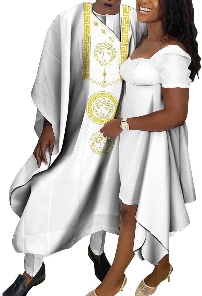 African Couple Clothes Embroidered African Mens Agbada Robe Suits and African Dresses for Women Dashiki Party Outfits