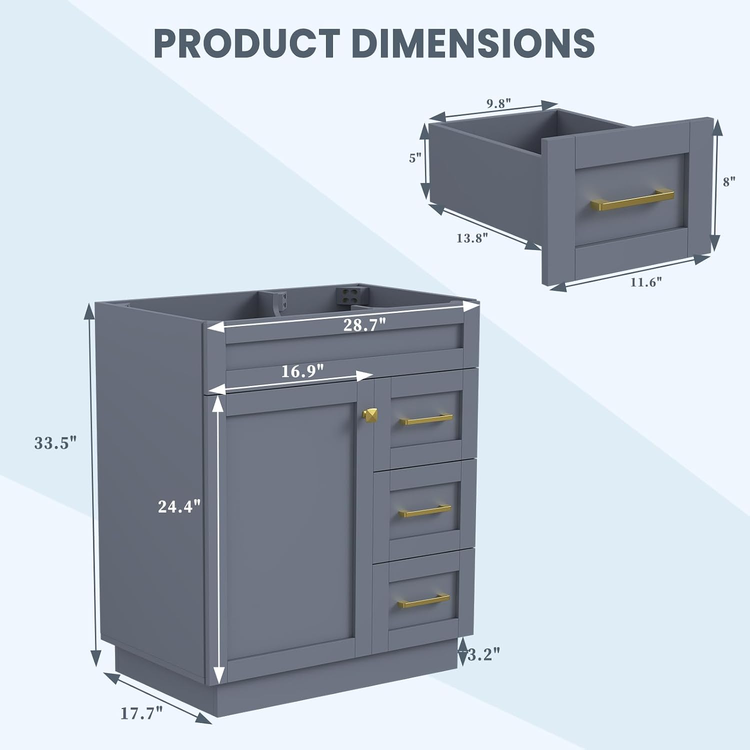 30 Inch Bathroom Vanity Without Sink, Quick-Assembly Bathroom Storage Vanity & Soft-Close 3 Drawers and 1 Doors, Fits Standard Vanity Top, No Sink Included, Grey