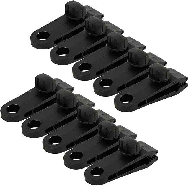 jxjarnet 10Pcs Tent Tarp Clip Set Tarpaulin Clamp Buckle Heavy Duty Reusable Camping Tool Black Large Tarp Clips with D-Shaped Carabiner Hanging Hook for Camping Canopy Outdoor