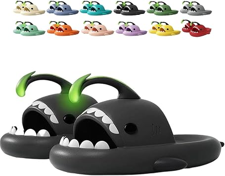 Angler Fish Shark Slides, Lantern Fish Sharky Slippers, Glow in the Dark Shark Slides, Non-Slip Open Toe Thick Sole Beach Pool Shower Shoes Bathroom Sandals Black,10.5-11.5 Women/8.5-9.5 Men