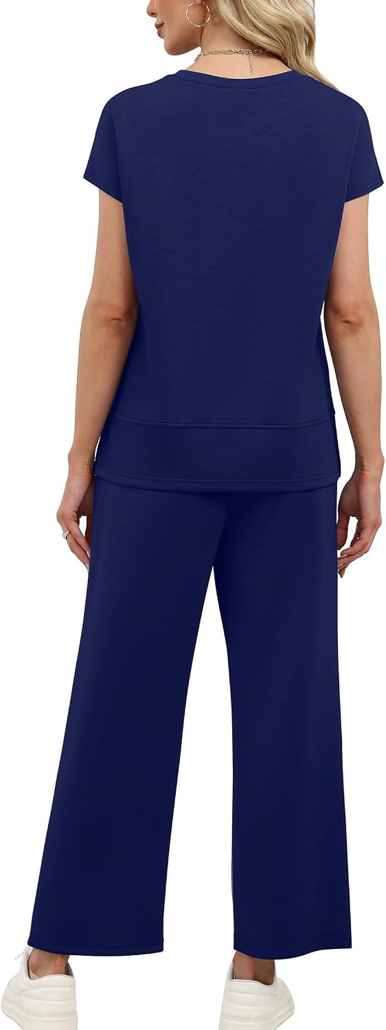 XIEERDUO Women's Cap Sleeve Lounge Sets 2 Piece Travel Outfits Airport Tracksuits Wide Leg Loungewear S-3XL