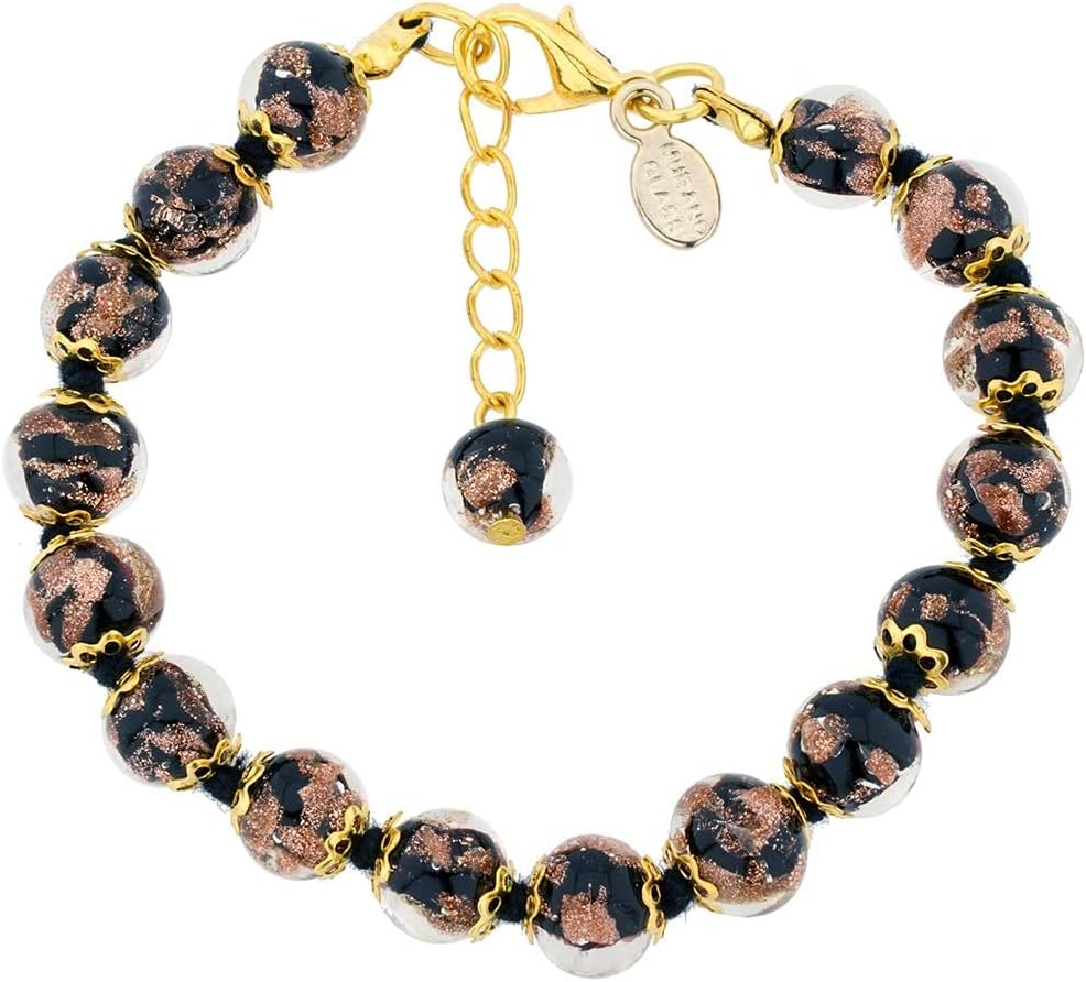 Venice Murano Handmade Black Sommerso Sparkling Beads Bracelet - Murano Glass Bracelets for Women